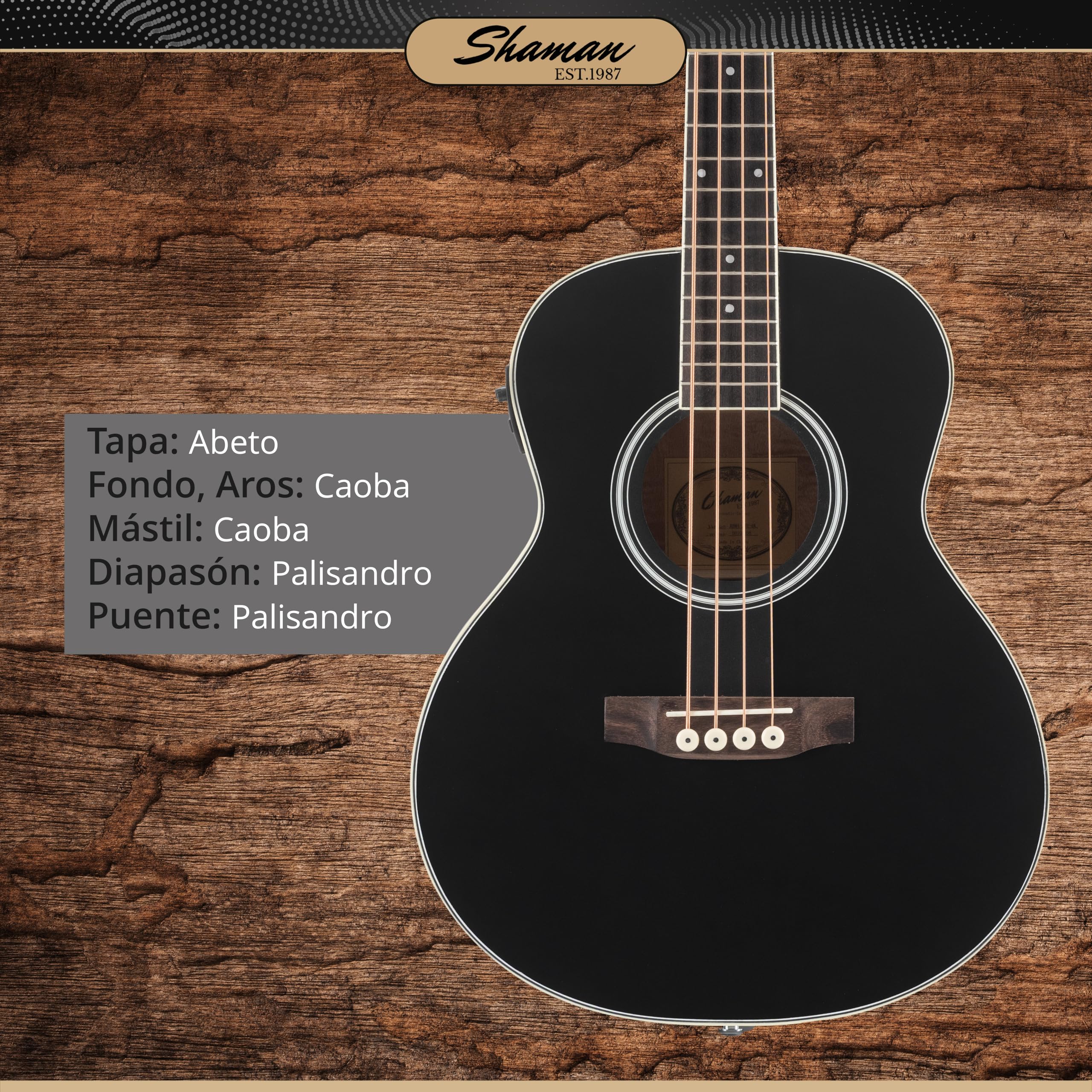 Shaman ABM4-50E-BK Bajo Acústico Negro, General, Modelo: ABM4-50E-BK | Serie: AB Mini, Peso: 1, 74 kg, Número de cuerdas: 4, Orientación: Diestros, Cuerpo, Forma del cuerpo: AB Mini, Tapa: Abeto