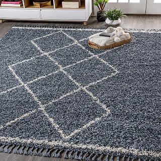 JONATHAN Y Mercer Shag Plush Tassel Denim Blue/Cream Indoor Area Rug, 4x6, Moroccan Geometric Trellis, Bohemian, Easy-Cleaning for Living Room, Bedroom, Kitchen, Non-Shedding (MCR103A-4)