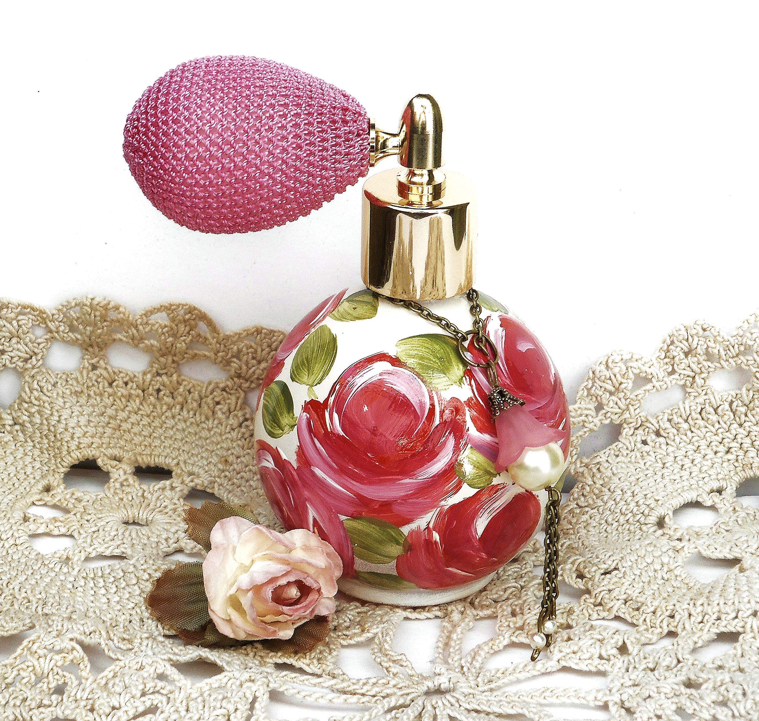 Decorative Small Round Glass Perfume Spray Fine Mist Atomizer Bottle with Hand Painted Pink Roses Romantic Victorian Shabby Chic Decor