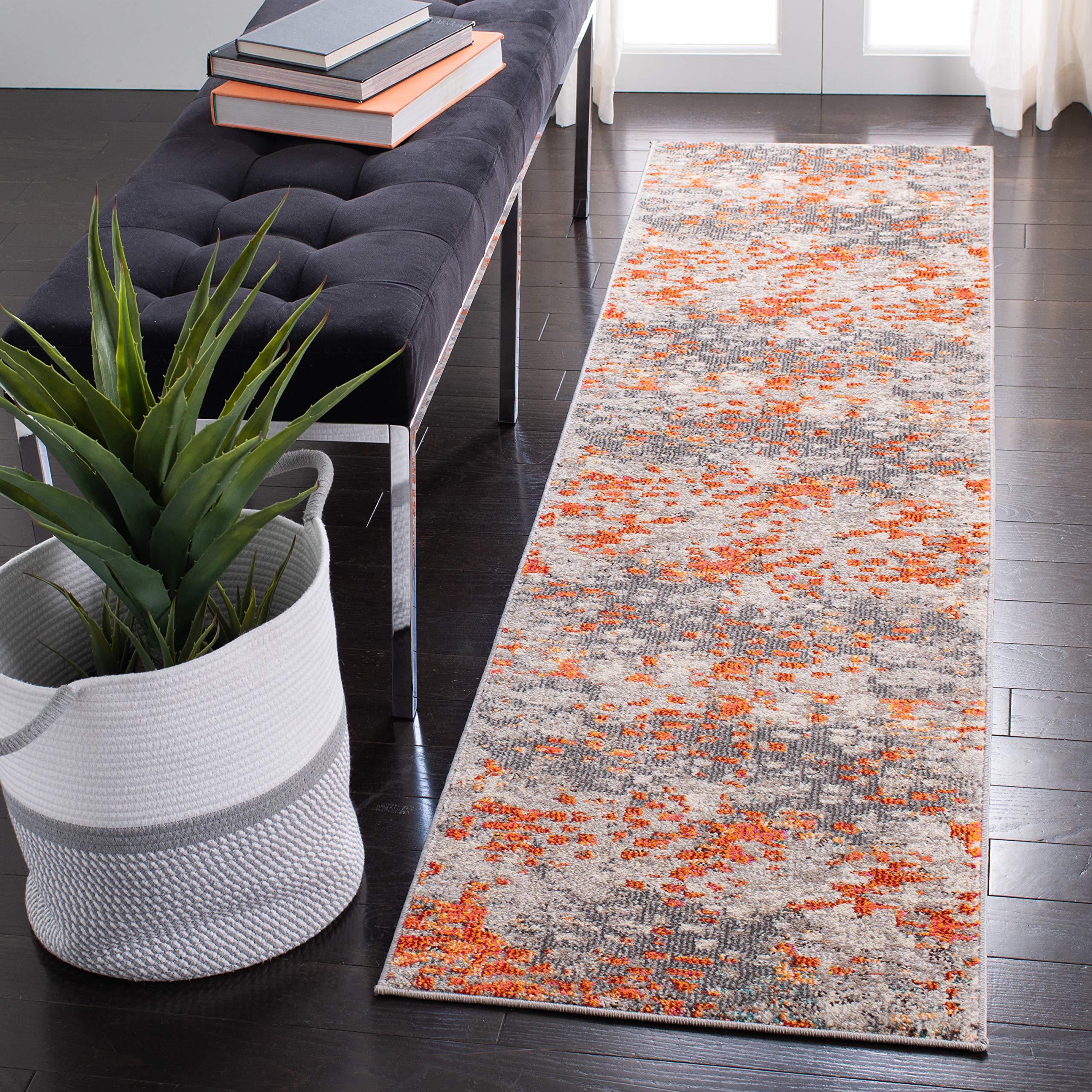 SAFAVIEH Madison Collection Runner Rug - 2'2" x 16', Grey & Orange, Boho Abstract Distressed Design, Non-Shedding & Easy Care, Ideal for High Traffic