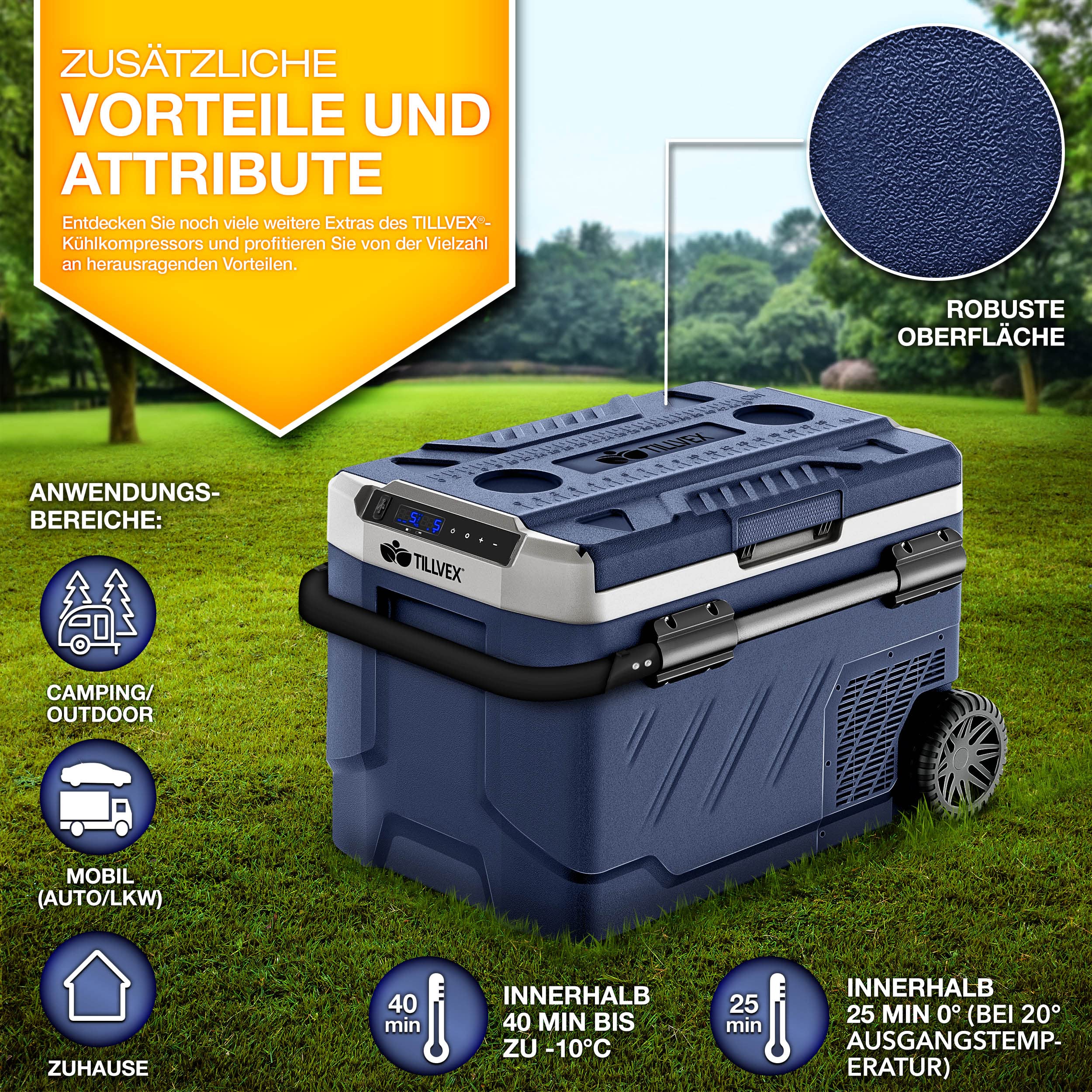 tillvex® elektryczna lodówka kompresorowa, 51 litrów, sterowanie przez aplikację wi-fi, złącze USB 12/24 V 230 V, do -20 °C, do samochodu, ciężarówki, łodzi, kampera, na kemping