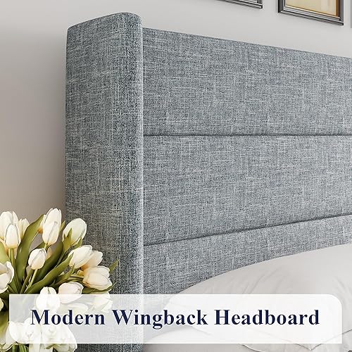 Miniatura 4 de Allewie Cama de almacenamiento elevable de tamaño matrimonial, cabecera moderna con respaldo de ala, soporte hidráulico, no necesita somier, gris