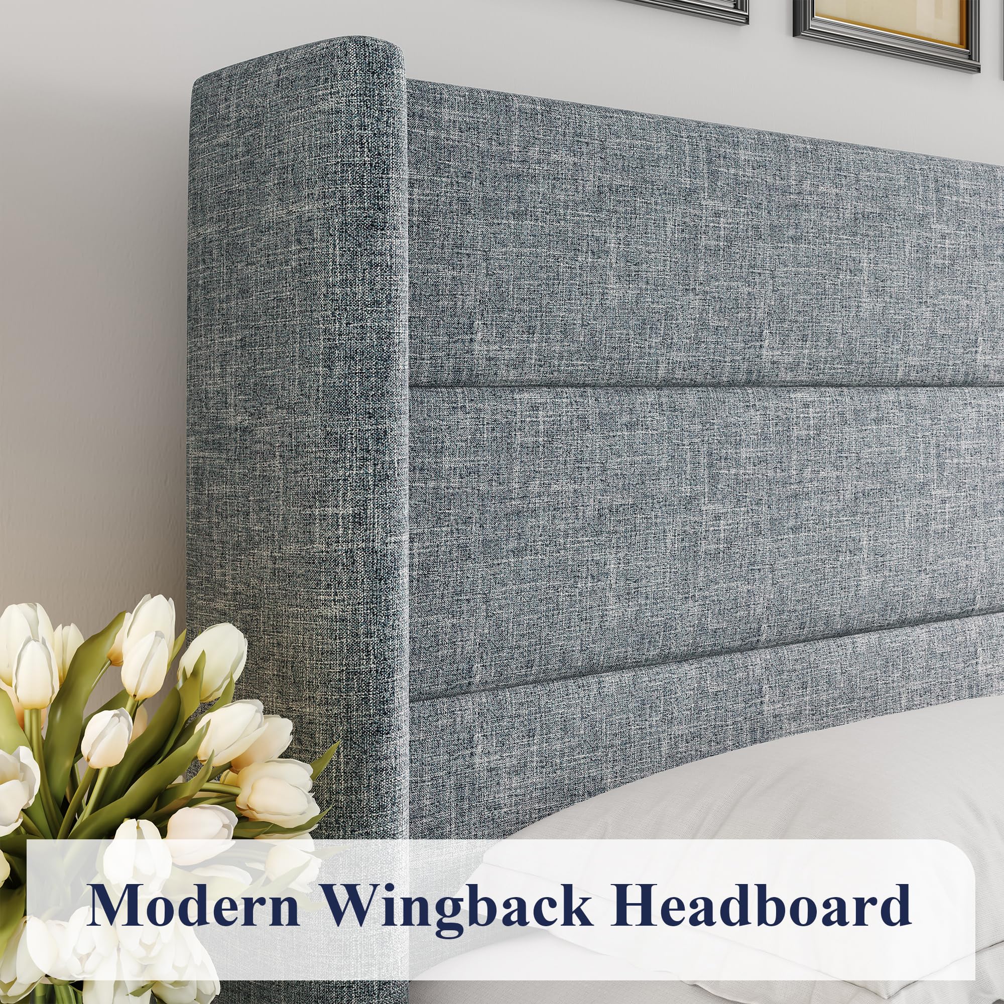 Allewie Queen Size Lift Up Storage Bed, Modern Wingback Headboard, Hydraulic Support, No Box Spring Needed, Grey Blue - 4