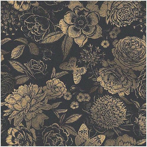 UniGoos Papel tapiz vintage dorado claro floral con mariposa para despegar y pegar, vinilo retro, autoadhesivo, papel de pared temporal, fondo