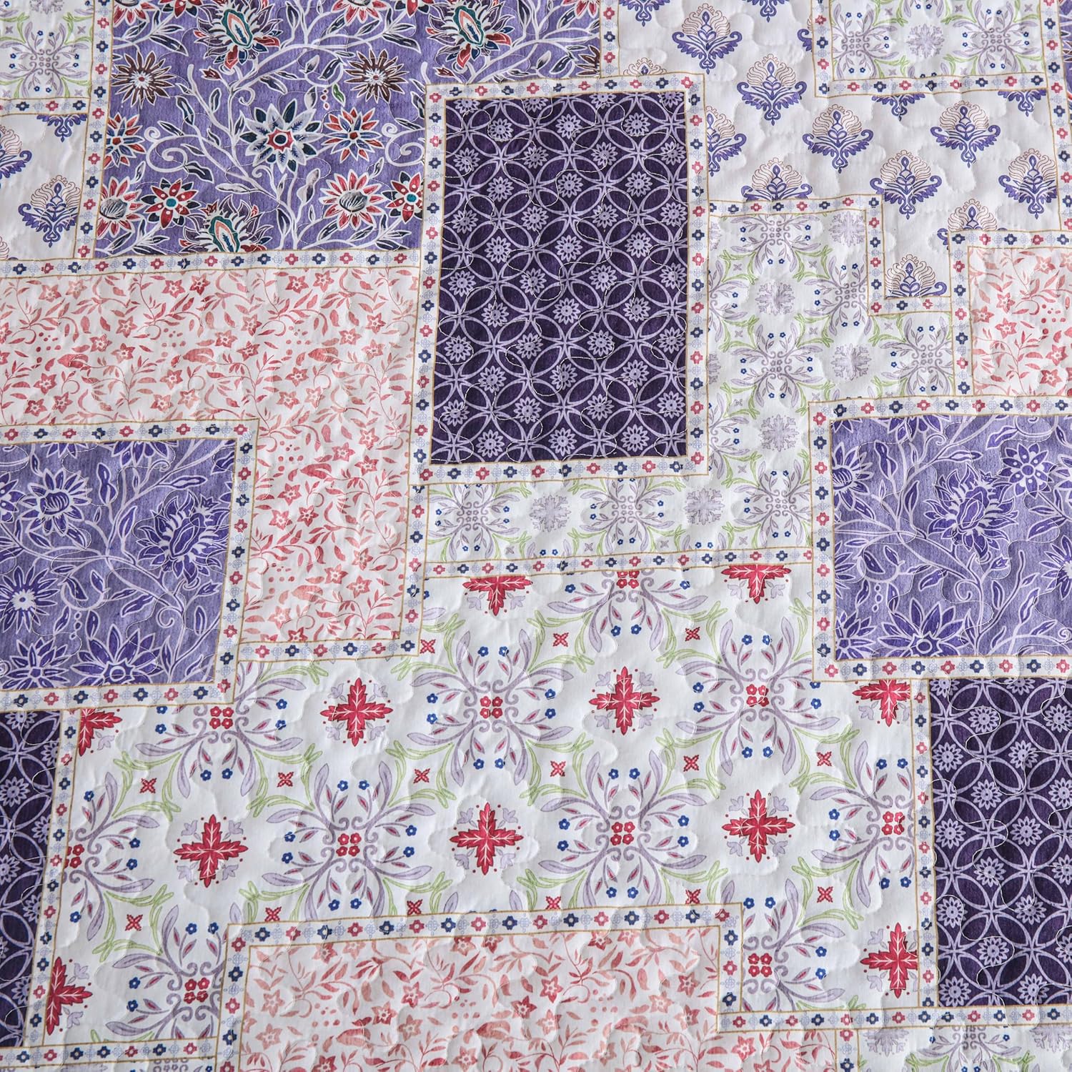 Xruibed Patchwork Quilt Set King Size 3 Pieces Plaid Floral Bedspread Coverlet Set Purple Patchwork Reversible Bedding Set Soft Microfiber Bedspread Set King for All Season(King,104"X90") - Image 5