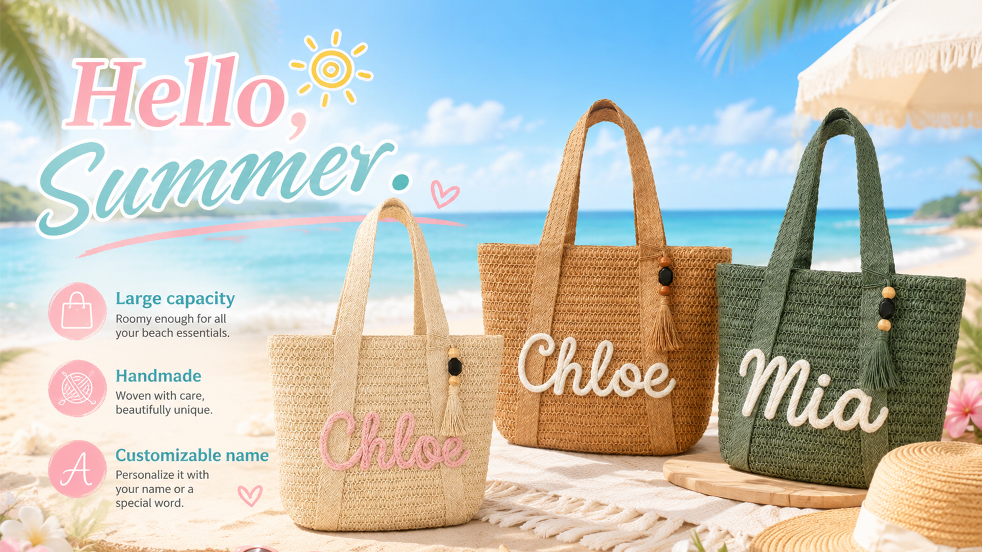 Bolsa grande de playa personalizada de paja para mujer miniatura 7