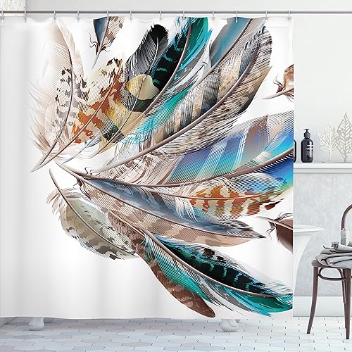 Miniatura 19 de Ambesonne - Cortina de ducha hippie, flores de aspecto de margaritas en ondas groovies abstractas estilo retro de los años 60 y 70, juego de Azul