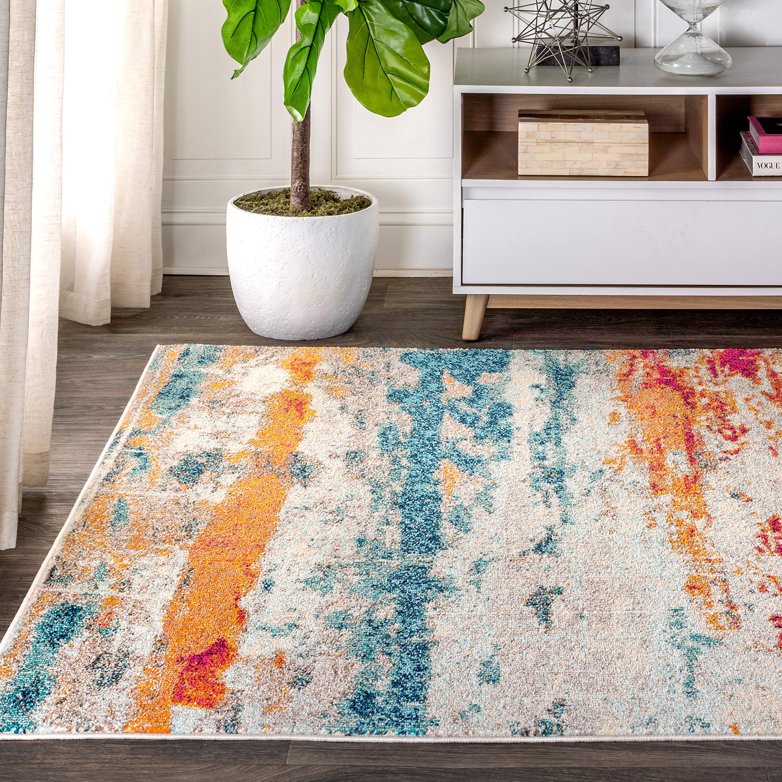 Jonathan Y CTP102C-8 Pop Contemporaneo Moderno Astratto Astratto pennellata Tappeto Interno, Transizione, Bohémien, Pulizia Vintage Facile, Soggiorno, Non spargimento, Crema/Blu, 240 cm X 300 cm