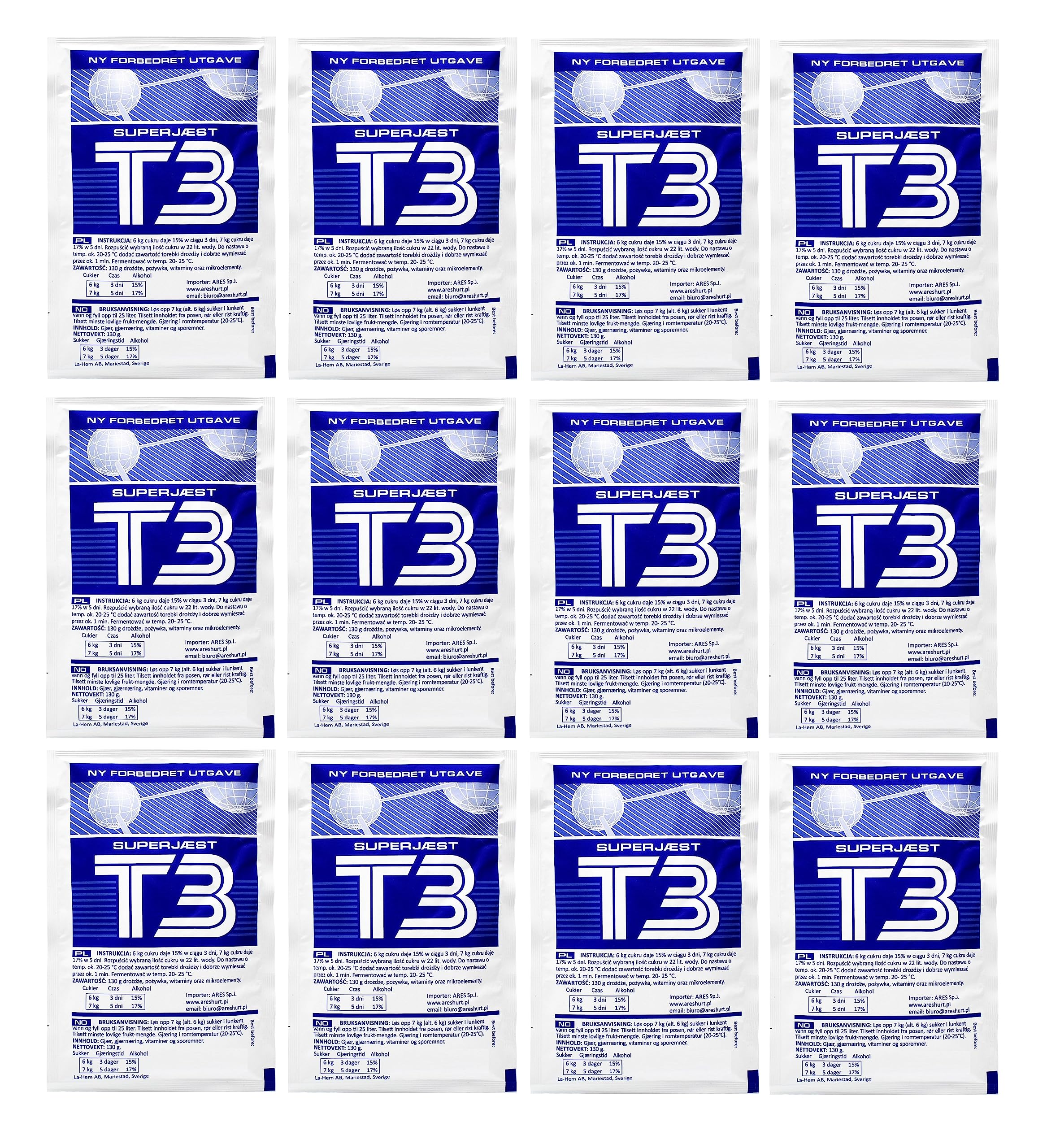 12 x Turbo 3 130 g T3,Levadura Para Fermentación de Azúcar o Fruta, Levadura Turbo, Levadura Para Puré