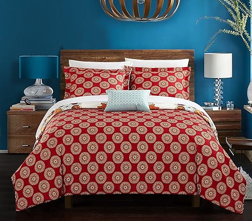 Miniatura 2 de Chic Home 8 piezas Maxim Gran Escala Paisley Bohemia Reversible Impreso con detalles bordados King Bed In a Bag Juego de edredón Rojo