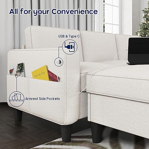 Miniatura 4 de Sofá modular convertible, sofás beige para sala de estar, USB + tipo C, puertos rápidos y otomana de almacenamiento reversible, sofá de 3 asientos