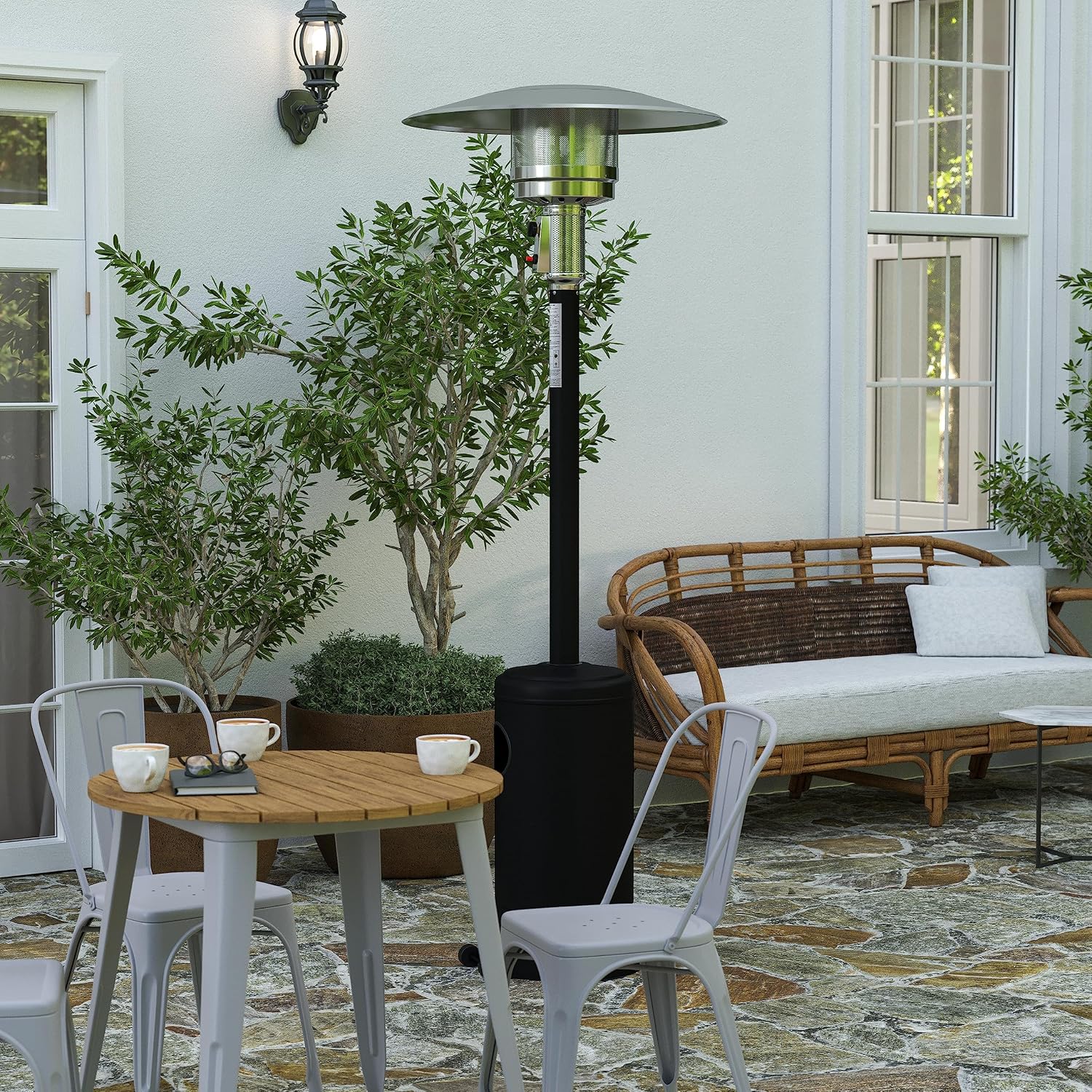Merrick Lane Tarin Outdoor Patio Heater - Black Finished Stainless Steel - 7.5 Feet Tall - 40,000 BTU - Propane Fuel Source - Wheels for Easy Movement
