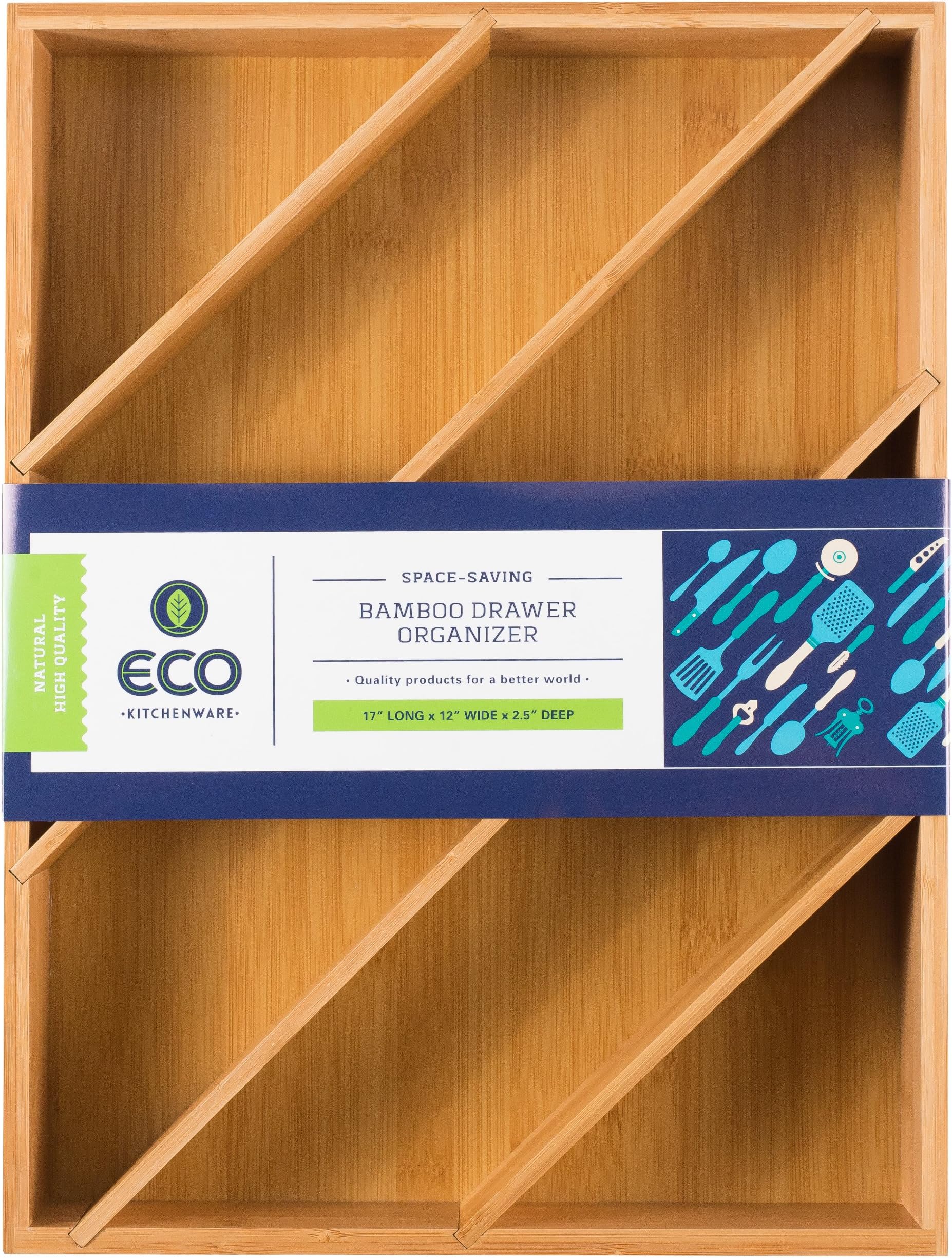 Eco Kitchenware Diagonal Space Saving Bamboo Drawer and Cabinet Organizer Divider fits Drawers 17” X 12” X 2.5