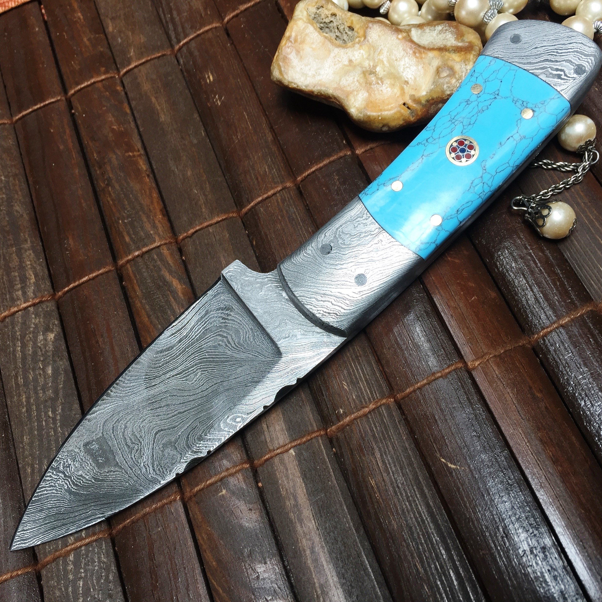 Perkin knives damasceński nóż myśliwski ze skórzanym etui