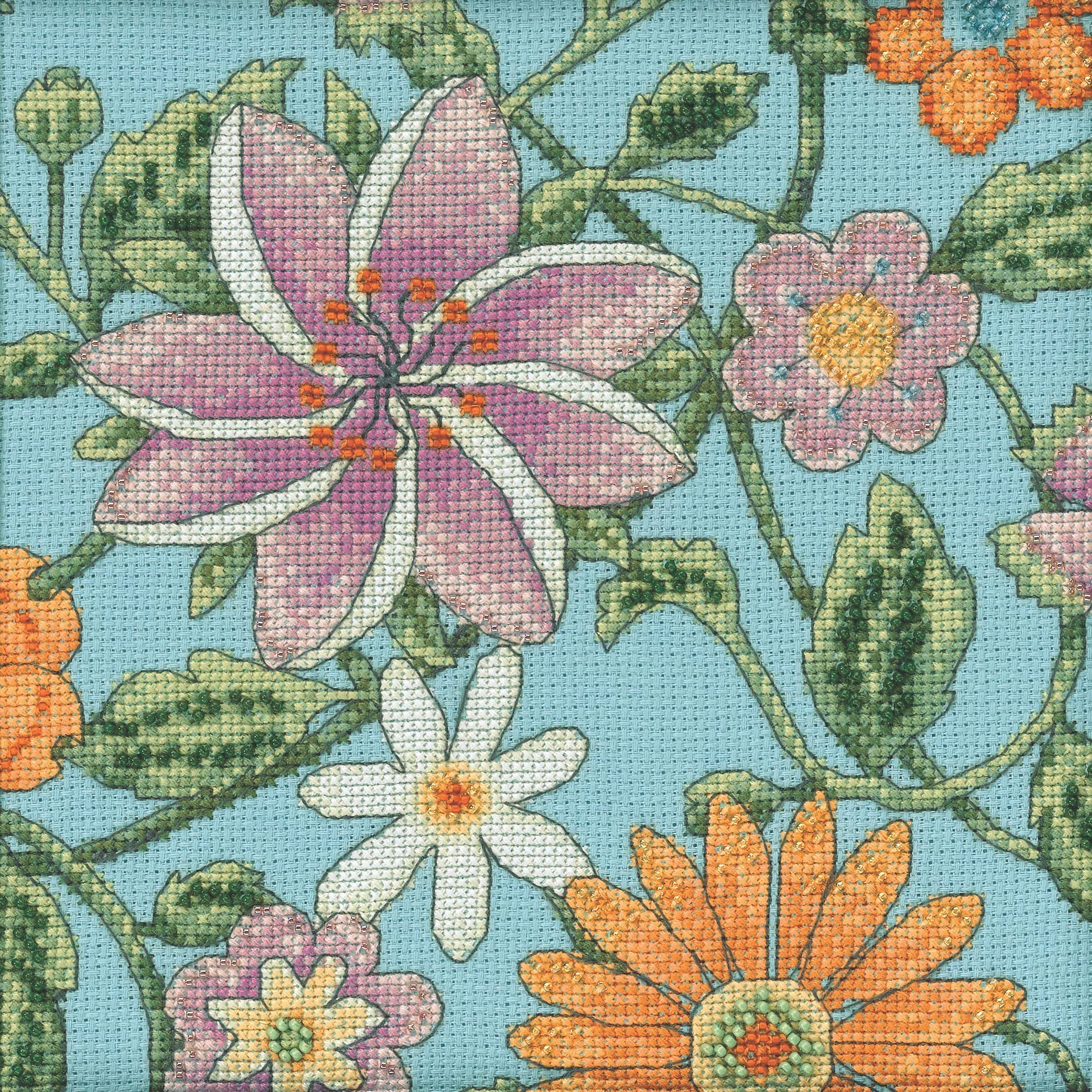 Floral Blue Two 2 Beaded Counted Cross Stitch Kit Mill Hill 2022 Debbie Mumm Floral Fantasy Collection DM302214