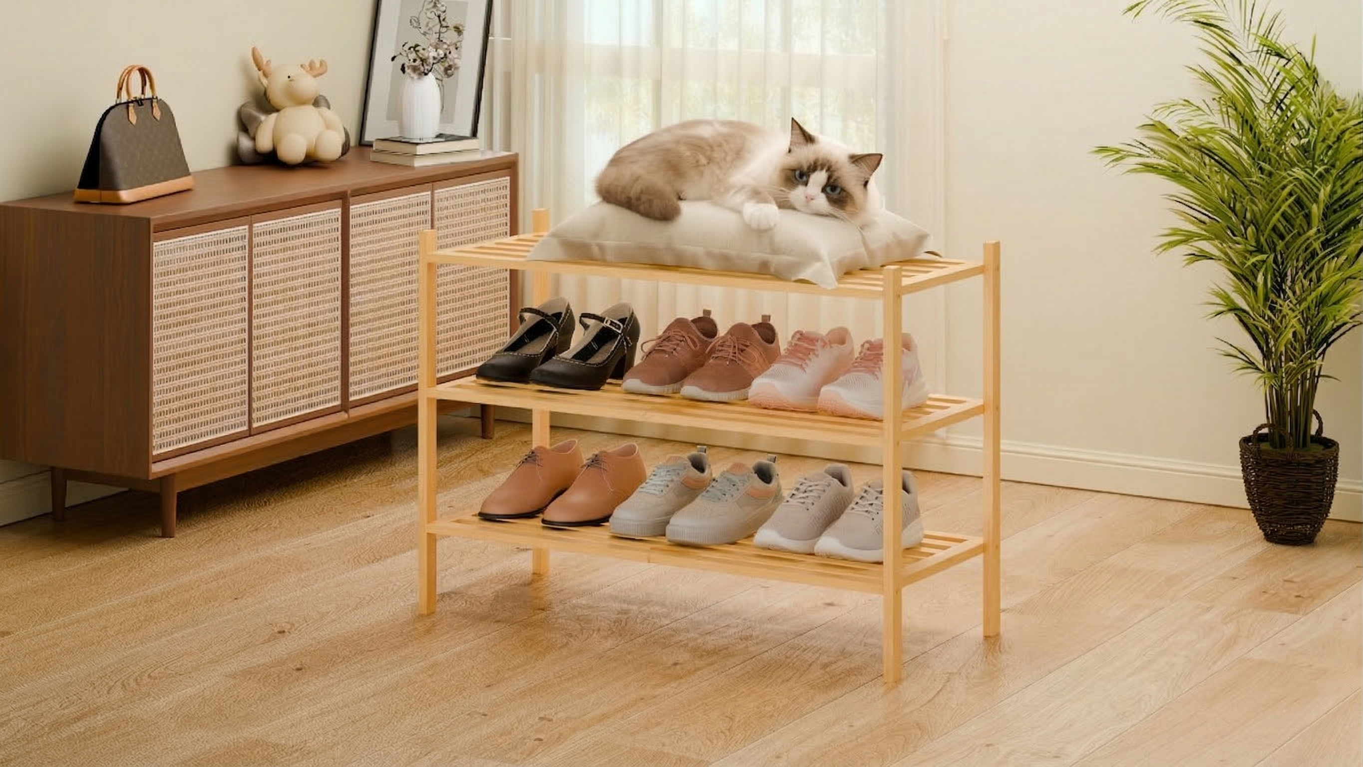 Smiry Bamboo Shoe Rack, 5 Horizontal Slats, 2 Tier - 17.3 Wide, White