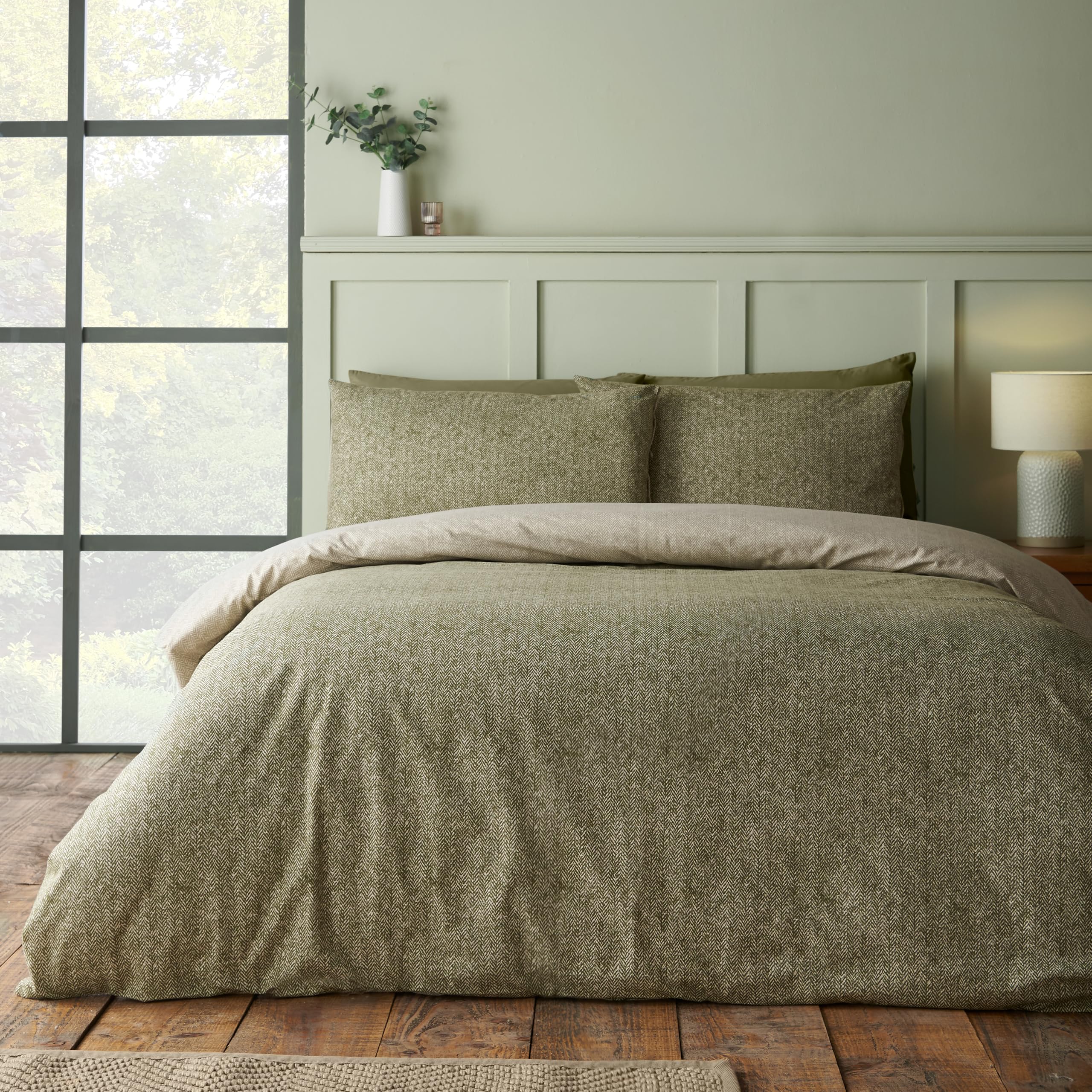 Catherine Lansfield Unisex Green Brushed Herringbone Cotton Reversible Duvet Cover Set In | Size: Single