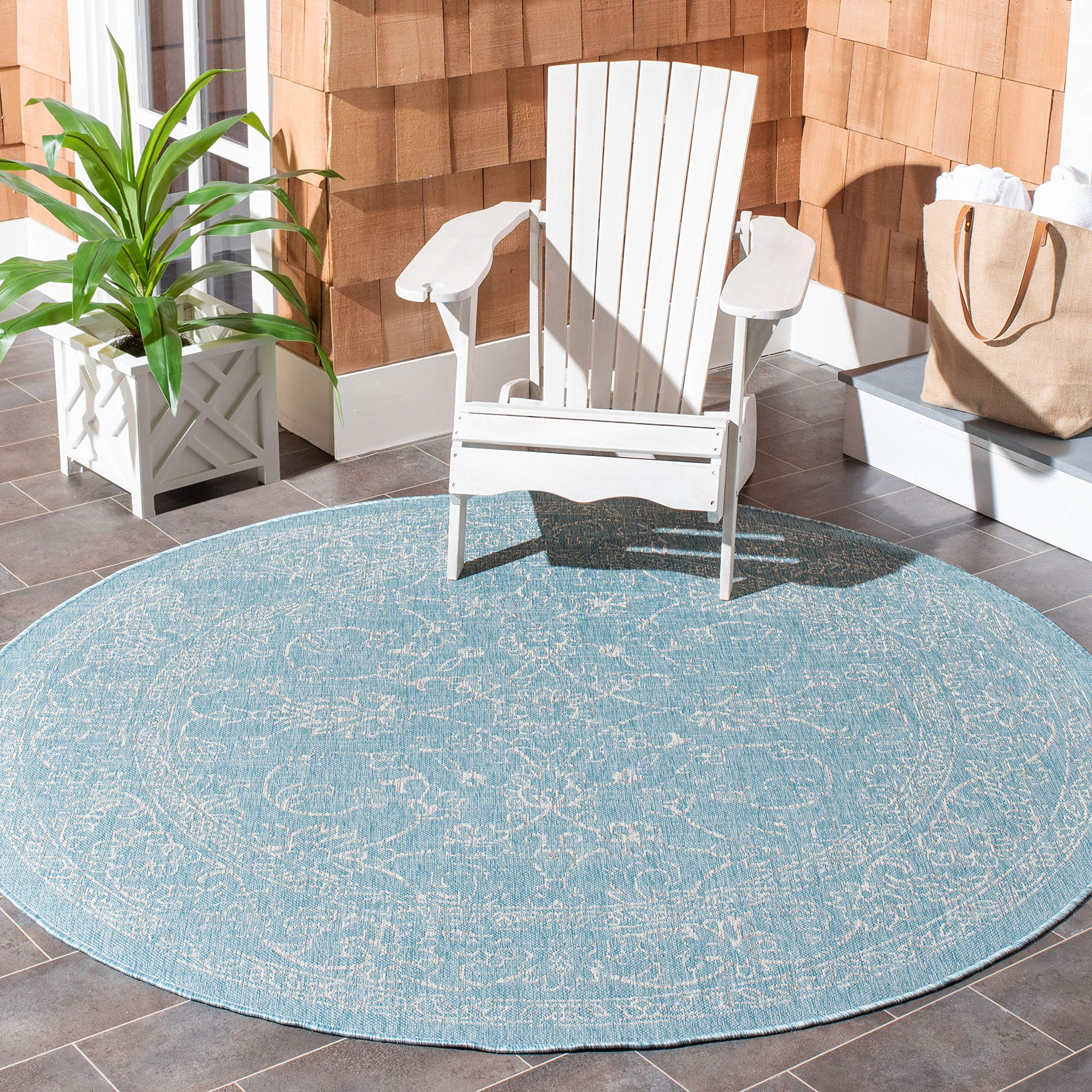 SAFAVIEH Washable Rug Outdoor Courtyard Collection - 5'3" Round, Aqua Blue & Grey, Non-Shedding & Easy Cleaning, Ideal for Patio, Backyard, Mudroom (