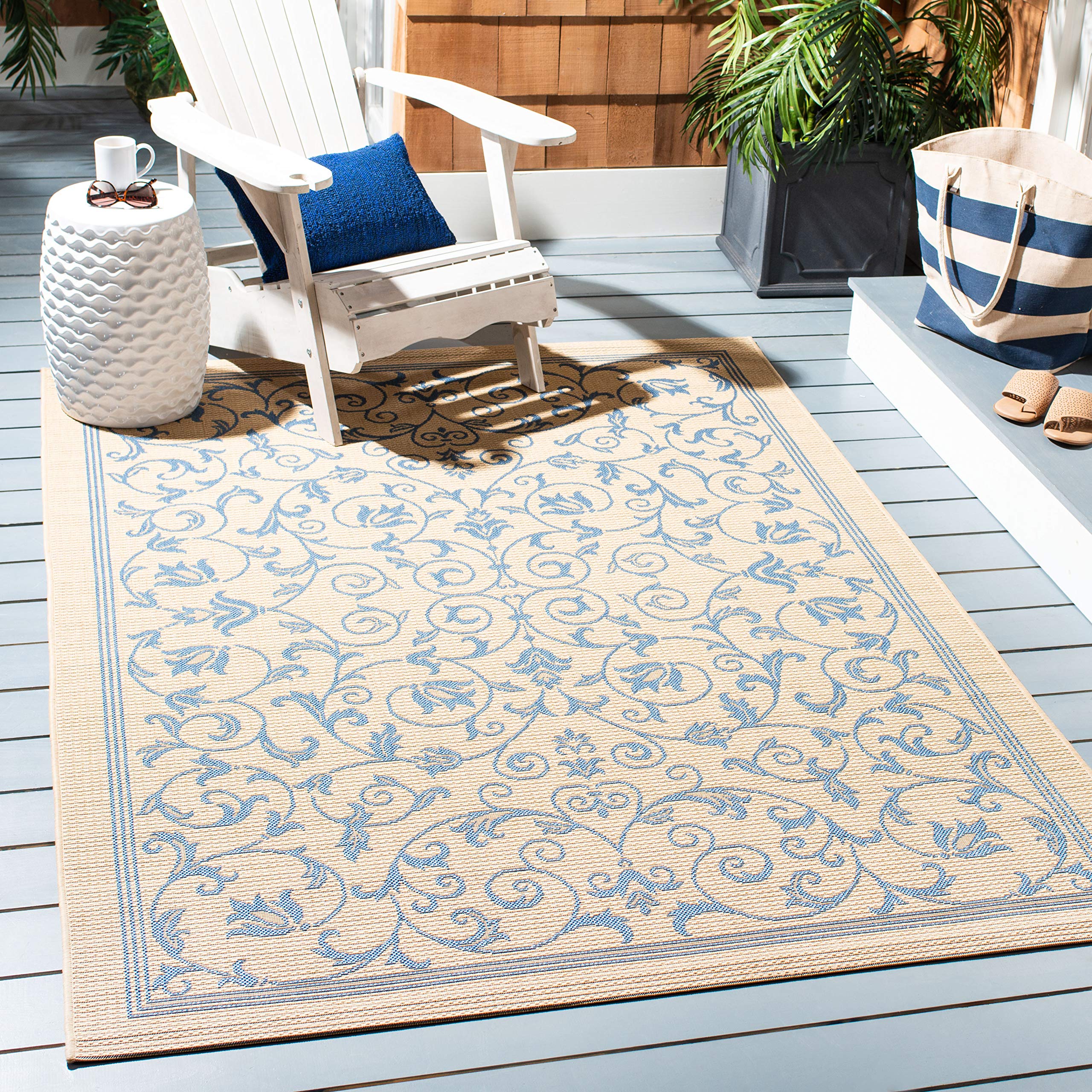 SAFAVIEH Washable Rug Outdoor Courtyard Collection - 5'3" x 7'7", Natural & Blue, Non-Shedding & Easy Cleaning, Ideal for Patio, Backyard, Mudroom (