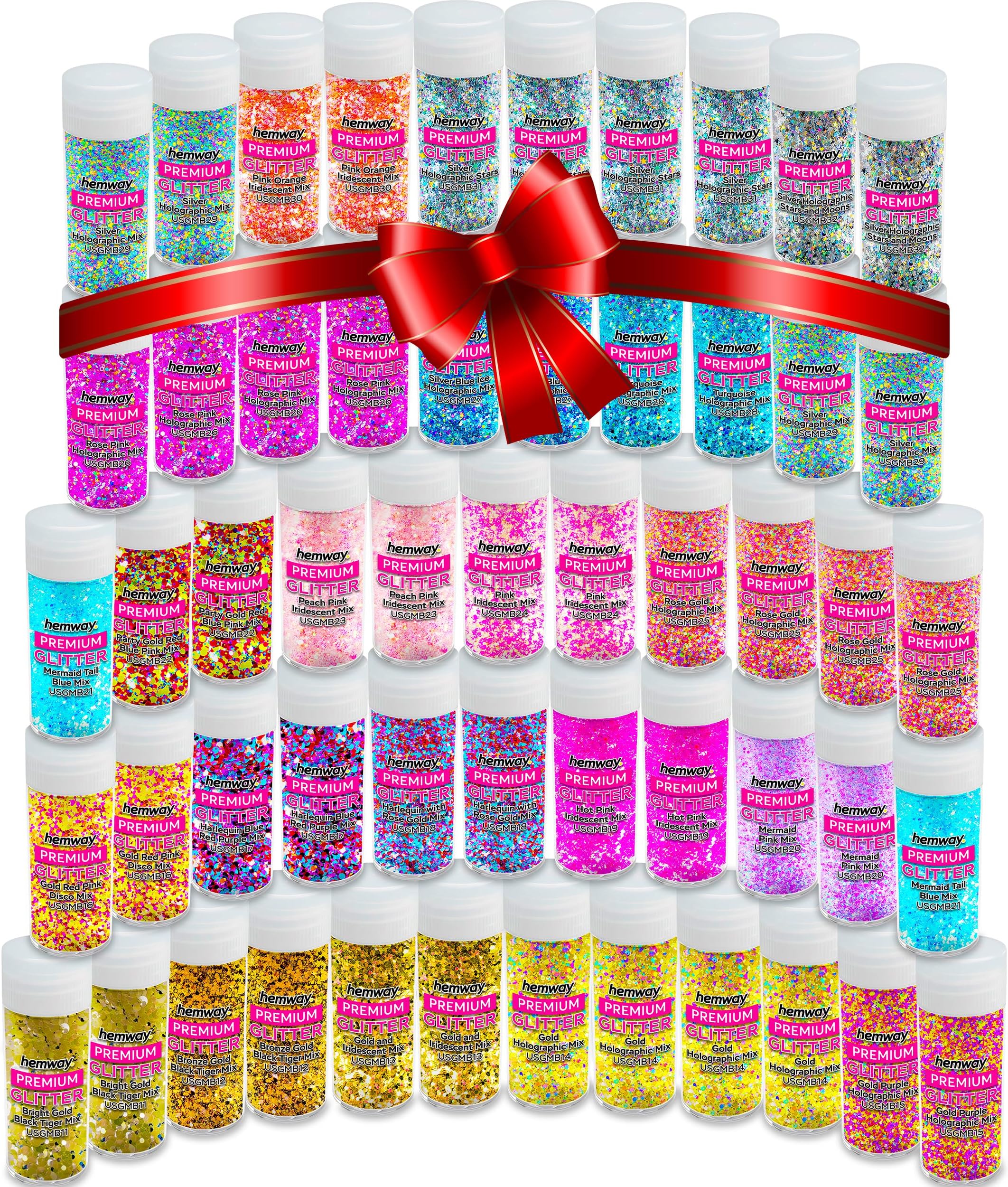 Hemway 54 Ultra Sparkle Mixed Glitter Chunky, Multi-Purpose Dust Powder Makeup Arts & Crafts Decoration Cosmetic Face Eye Body - (54 x 0.21oz/6g)