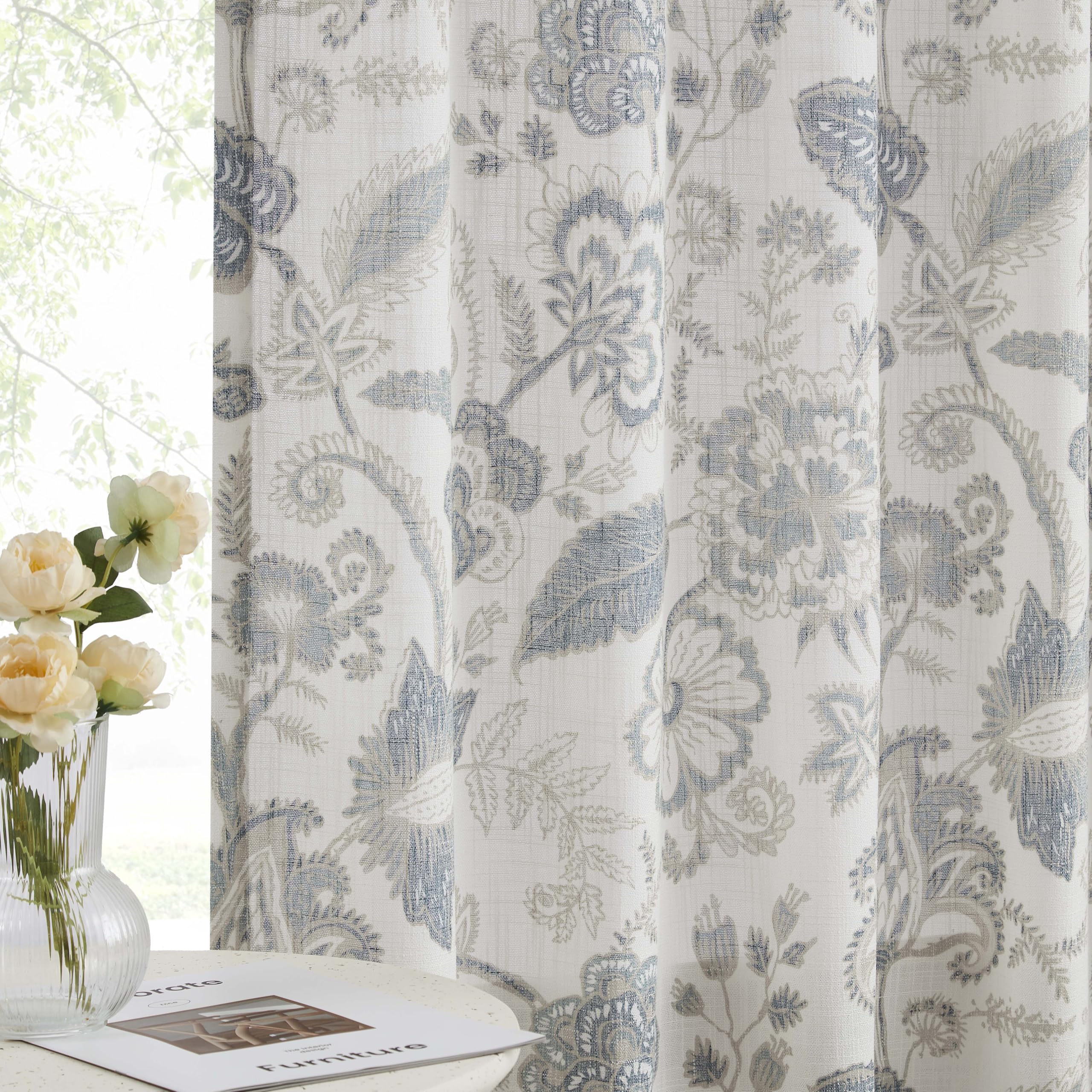 Backtab Rod Pocket Jacobean Floral Semi Sheer Curtains Boho Botanical Leaf Printed Vintage Farmhouse Blue Grey Light Filtering Window Treatment Sets Living Room Bedroom,52"x84",2 Panels