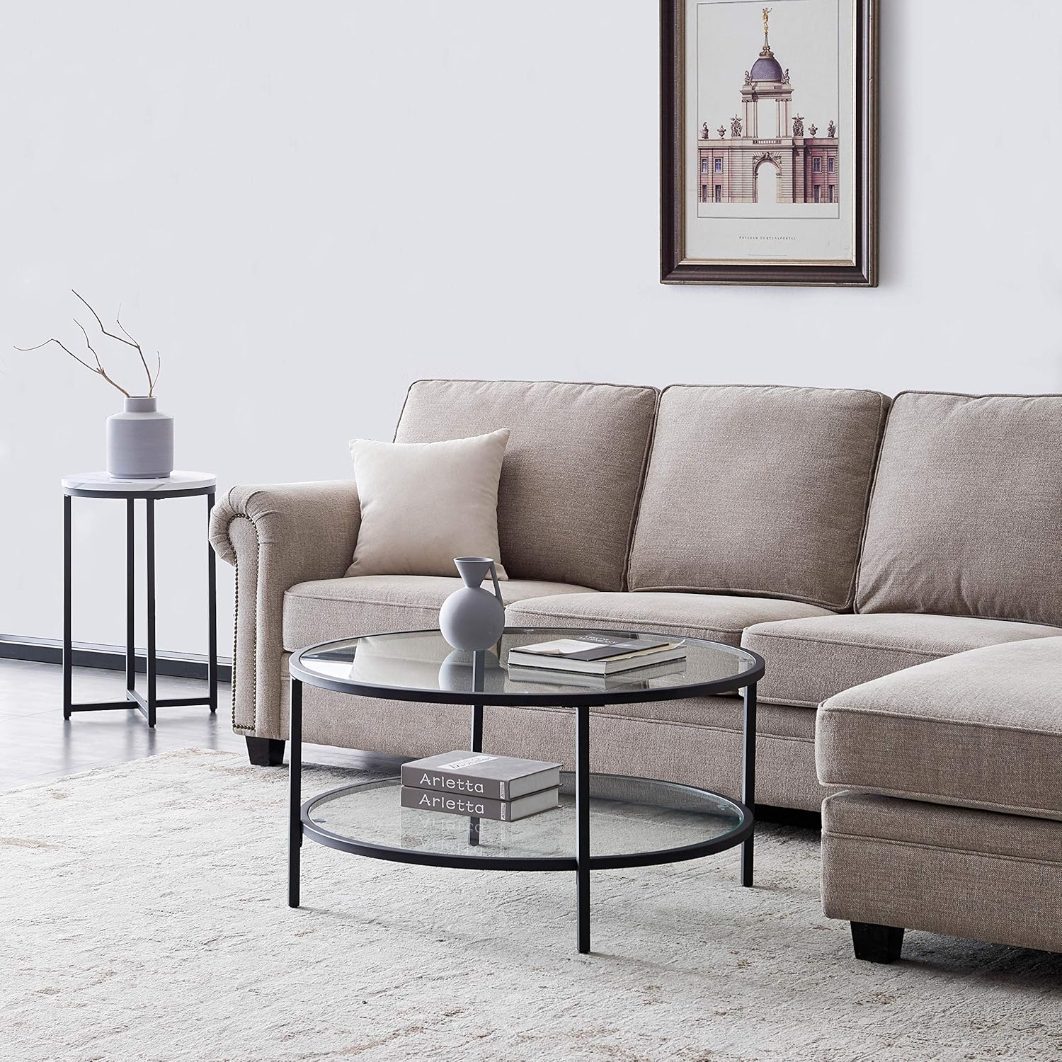 36in Modern Round Shelf Storage Coffee Table with Large Storage Space, Glass Accent Side Tables for Living Room, Dining Room, Metal Frame (White, Glass Surface)