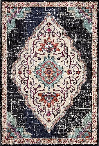 Miniatura 2 de SAFAVIEH Colección Monaco - Alfombra de área de 6.7 x 9.2 pies, color negro y azul, diseño desgastado de medallón bohemio, no desprende pelo y de