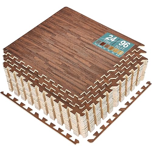 Sorbus 96 Sq. Ft. Wood Grain Floor Tiles Foam Mat EVA Interlocking Mats Tile 3/8-Inch Thick Flooring Wood Puzzle Exercise Mats w/Borders - Home Playroom Basement, Apartment, Trade Show, Baby, Dance