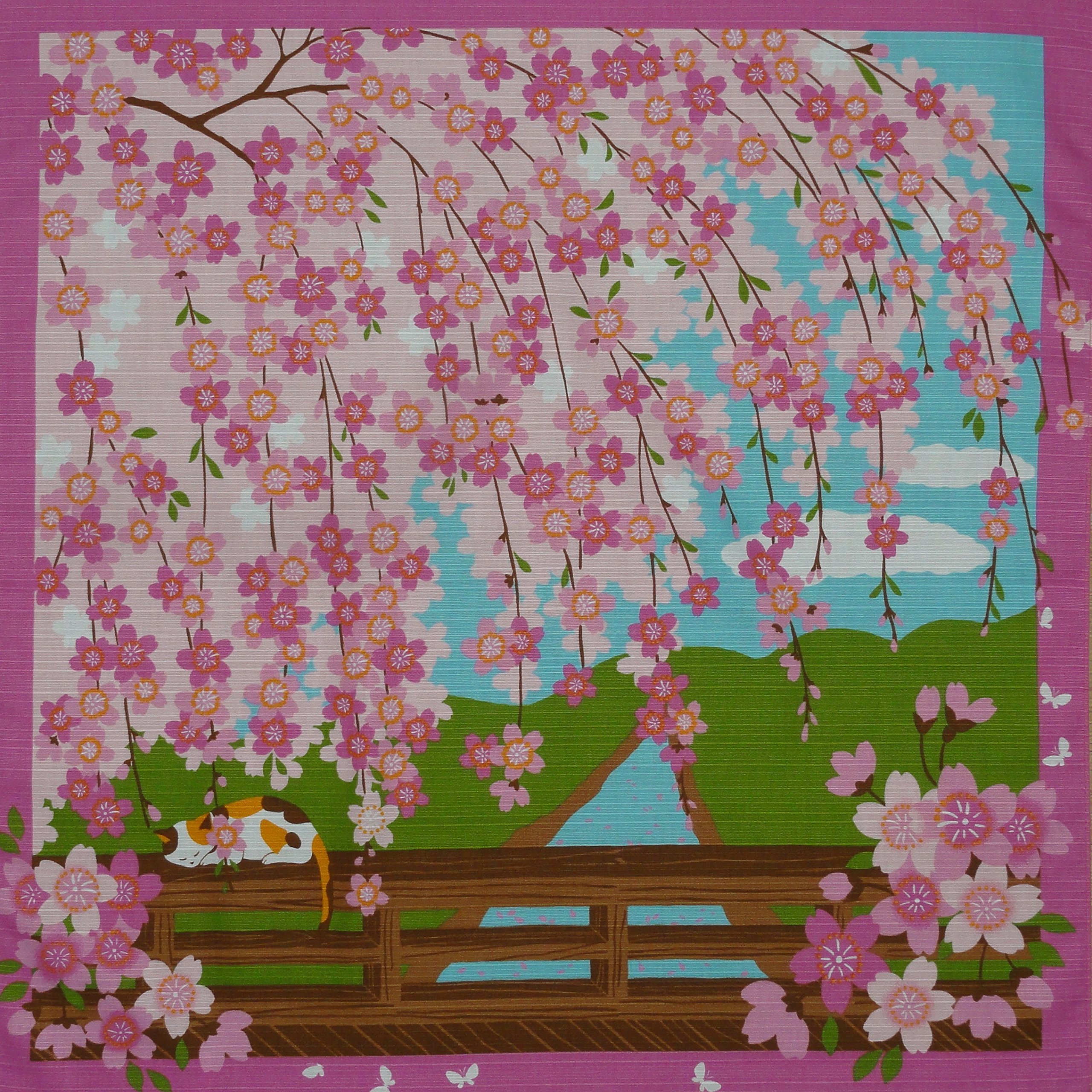 Maruzen Furoshiki Cat on Bridge with Cherry Blossoms Motif Japanese Fabric 50cm