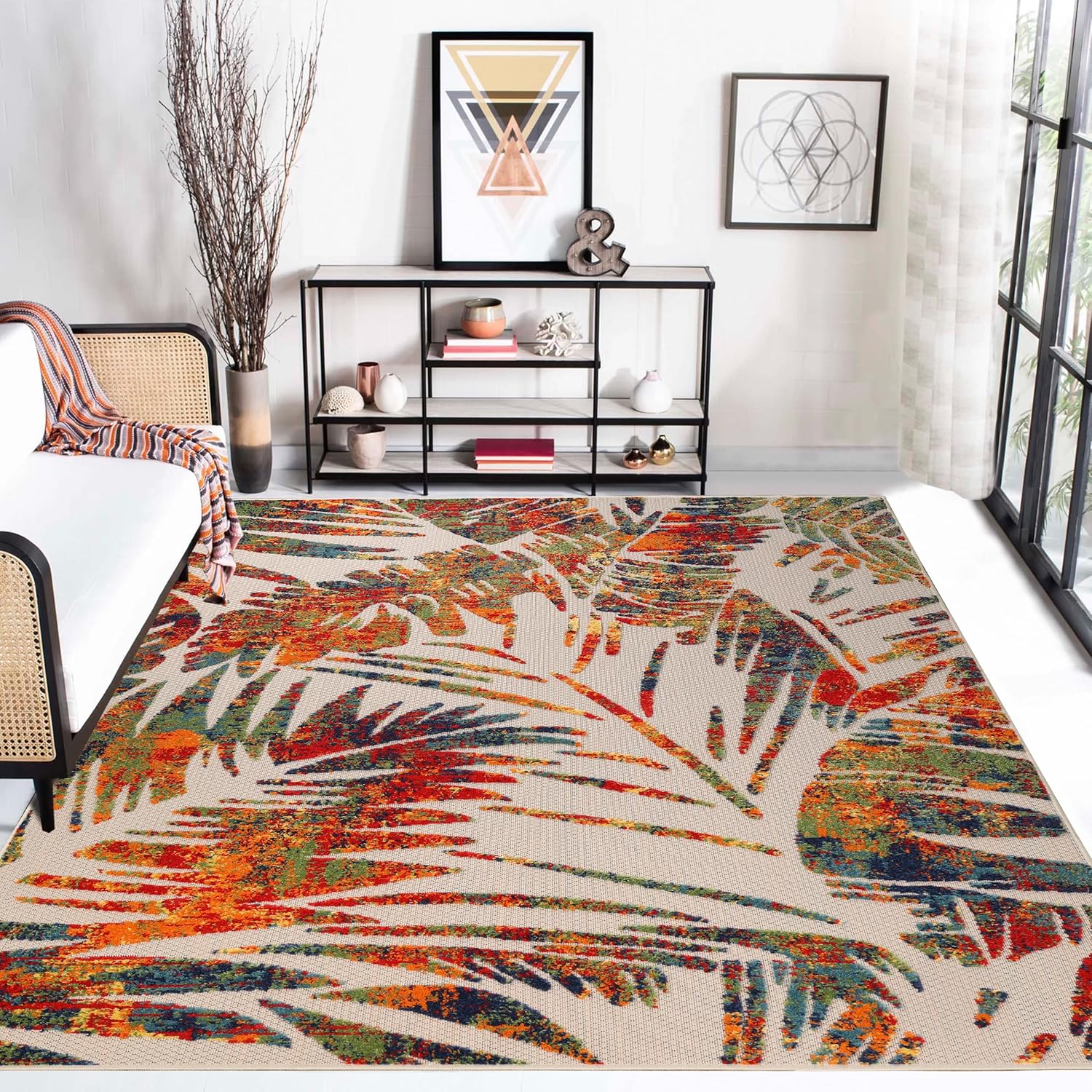 Superior Indoor Outdoor Area Rug, Floor Cover, Perfect Decor for Patio, Bedroom, Kitchen, Living Room, Entry, Playroom, Nursery, Tropical Leaves, Siesta Collection, 10' x 14', Cream