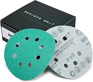 Serious Grit - 5-Inch 8-Hole 40 Grit Sanding Discs - Heavy-Duty Hook & Loop Velcro-Backed Film Discs - Sandpaper for Random Orbital Sanders - 25 Pack Box