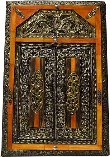 Miniatura 3 de Treasures Of Morocco Espejo de hueso de camello marroquí hecho a mano Base de madera con puertas naranja