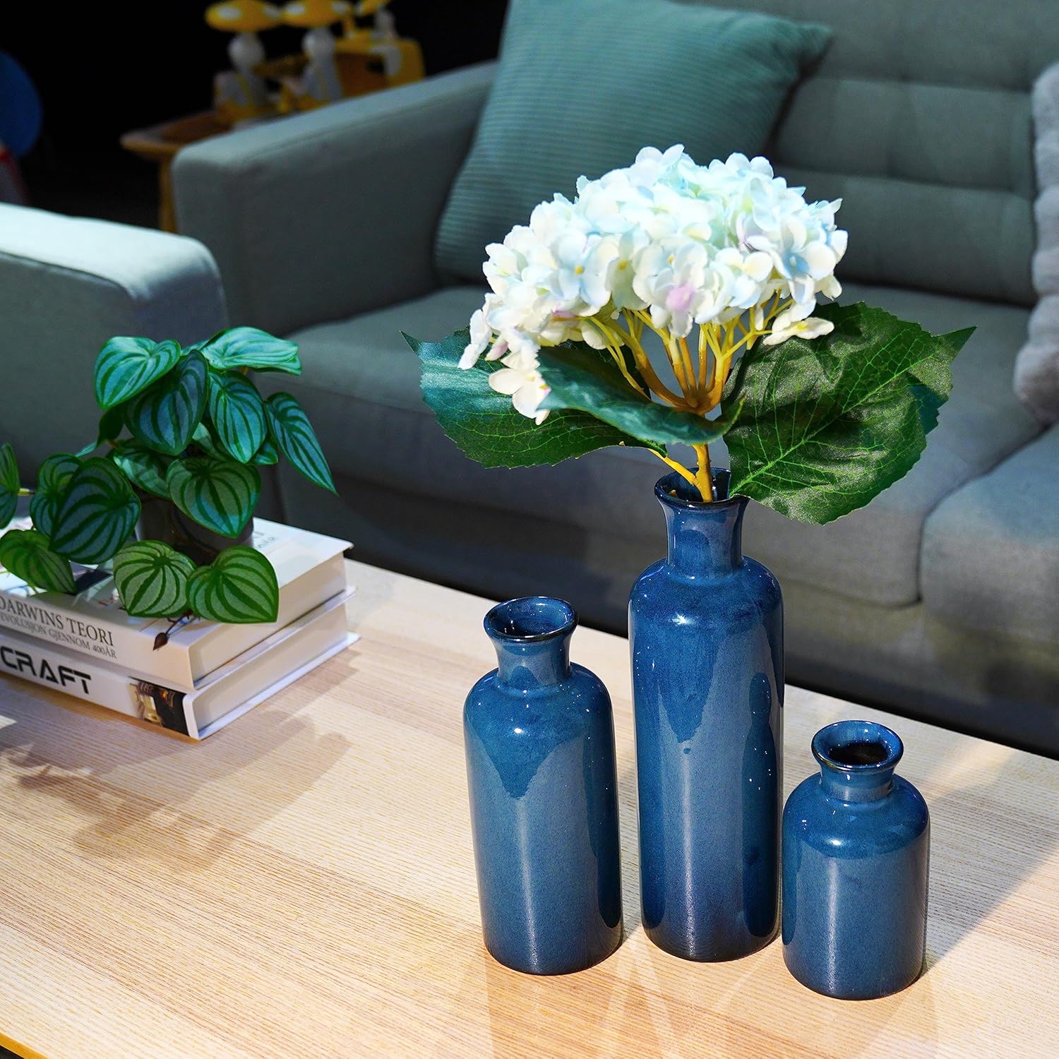 Ceramic Vase Set Home Decor - 3Pcs Modern Rustic Boho Geometric Blue Flowers Vase Decoration, Shelf Decor, Farmhouse Living Room Decoration, Decorative Gift Cynkeyee - Image 3