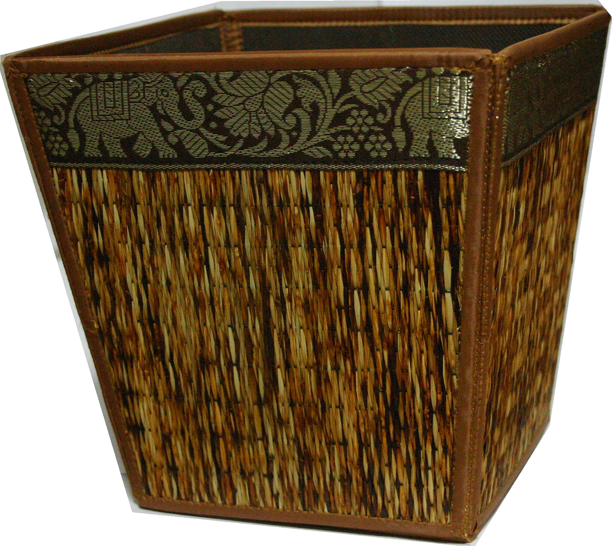 Topmost N-9103, Handmade Thai Woven Straw Reed Wicker Square Waste Basket with Silk Elephant Design, Brown
