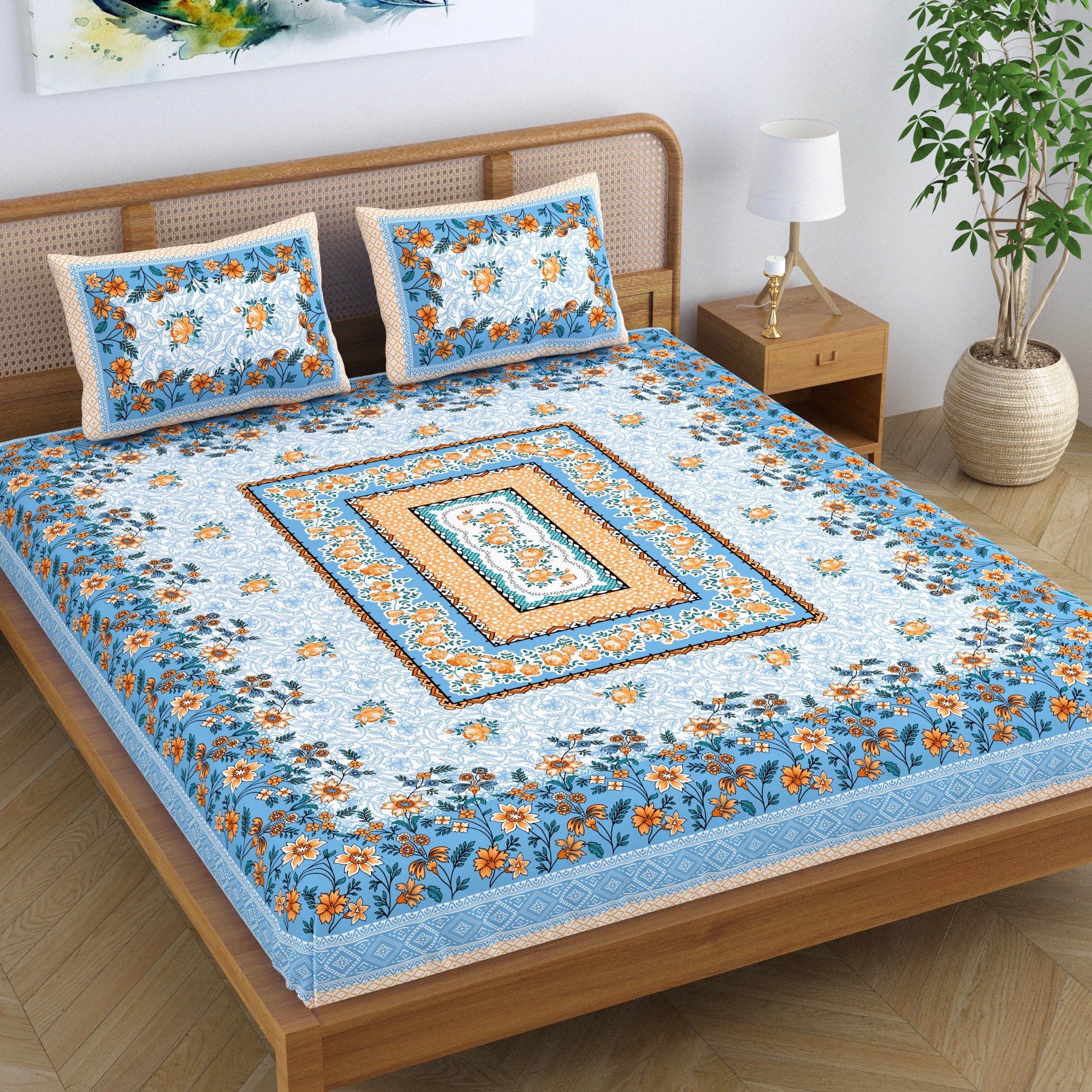 SheetKart Pure Cotton Jaipuri Floral Printed Double Bedsheet King Size with 2 Pillow Covers - Sky Blue-picture-16
