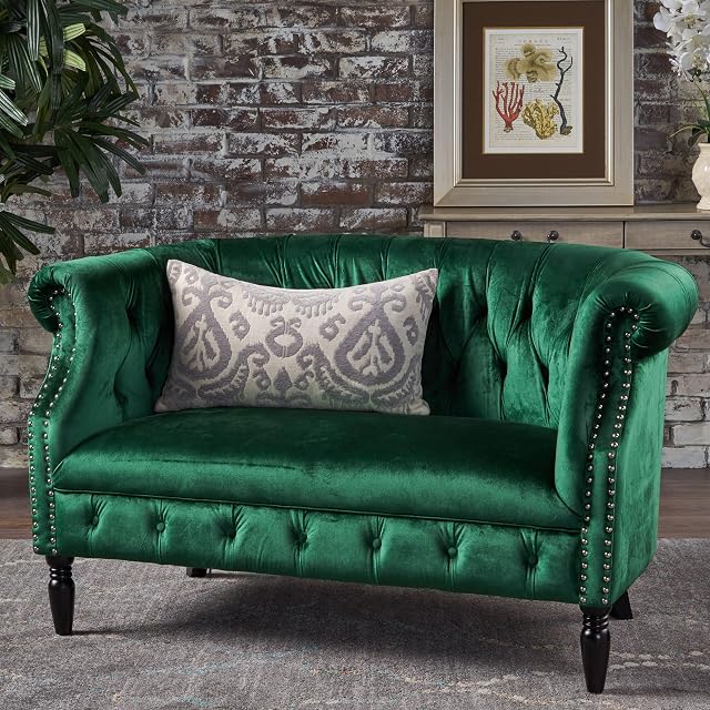 GDFStudio Emerald Dark Brown Melaina Tufted Chesterfield Velvet Loveseat with Scrolled Arms