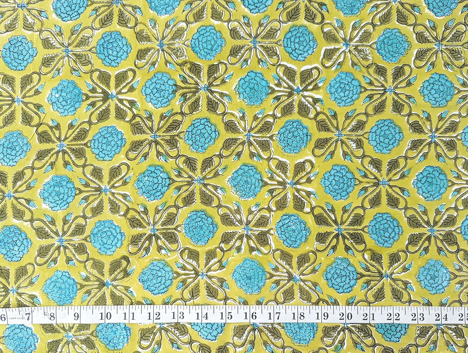 AVKA Studio Hand Block Print Fabric by The Yard - PRECUT 3 Yard 42 Inch Width - 100% Cotton Material - Teal Blue Floral Pattern - Light Weight Indian Cloth for Making Summer Dress Tops Indian Fabric
