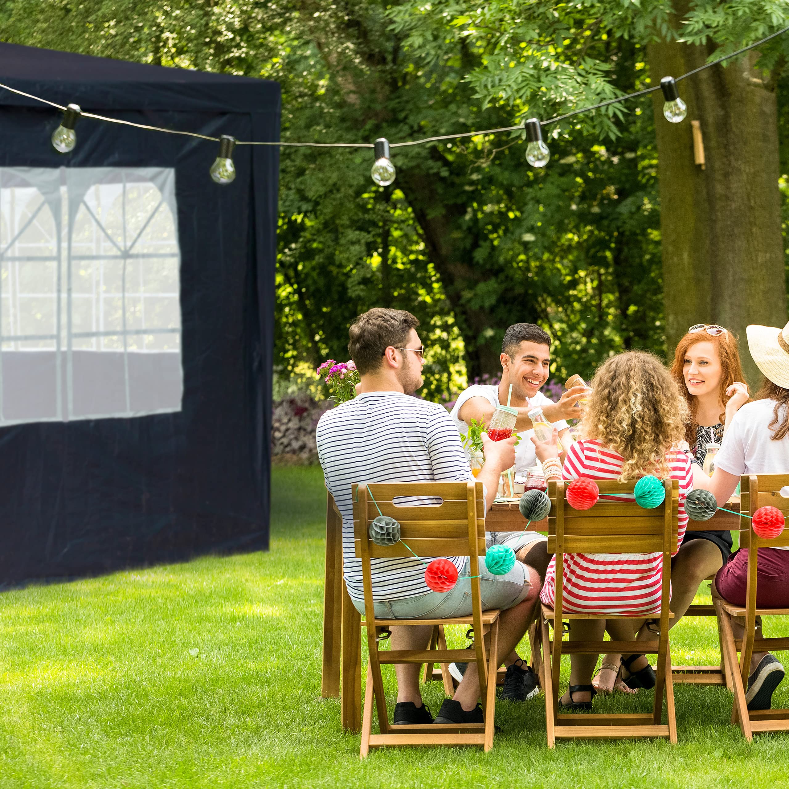 Relaxdays Tende per Gazebo Laterali, Set da 4, Telo Impermeabile in PVC, Pareti 3x2 m, 3 con Finestre, Parasole, Blu