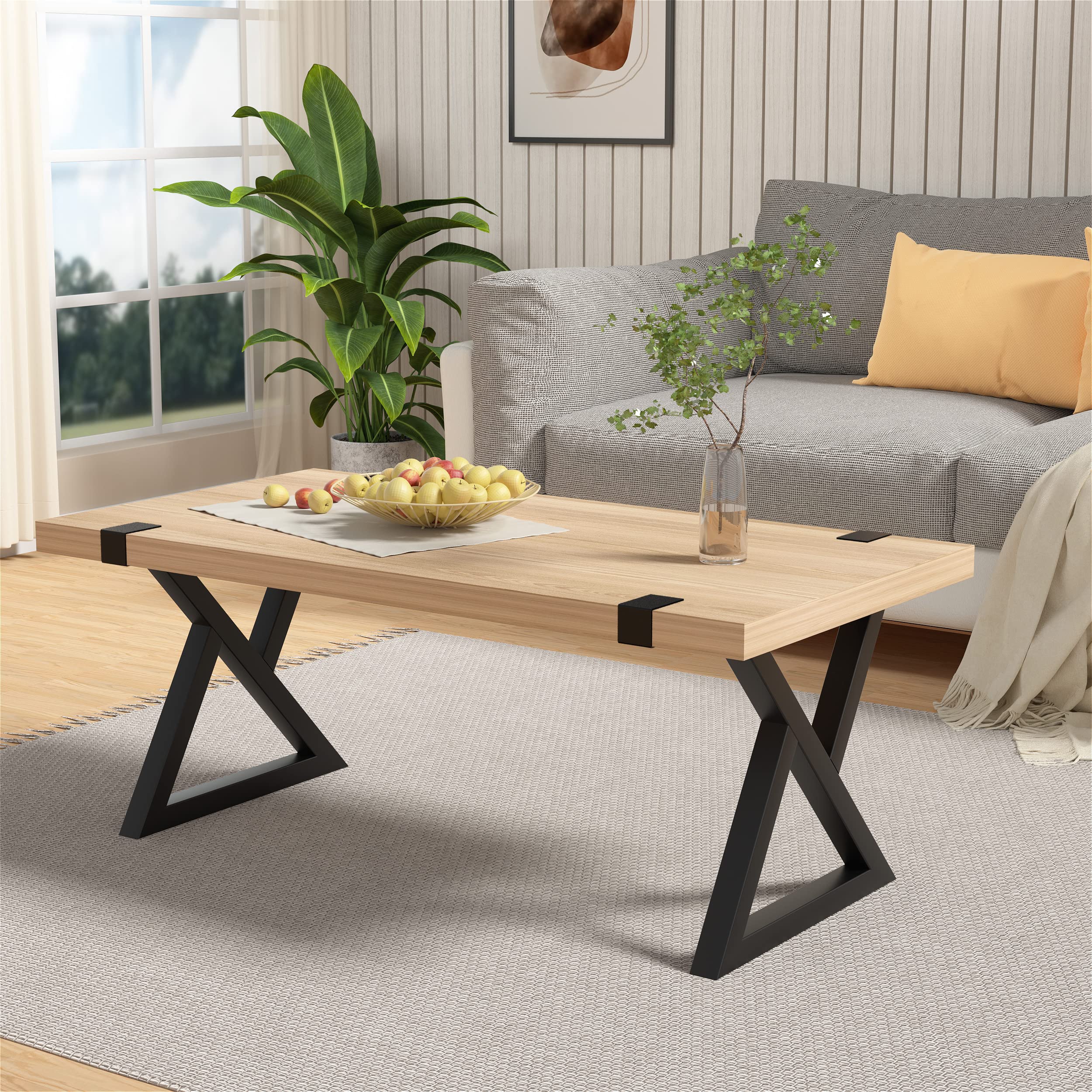 Stuffygreenus 47" Rustic Coffee Table, Rustic Wood Center Table for Living Room, Metal and Wood Tea Table, Modern Industrial Minimalist Wooden Cocktail Table (A- Wood Color)