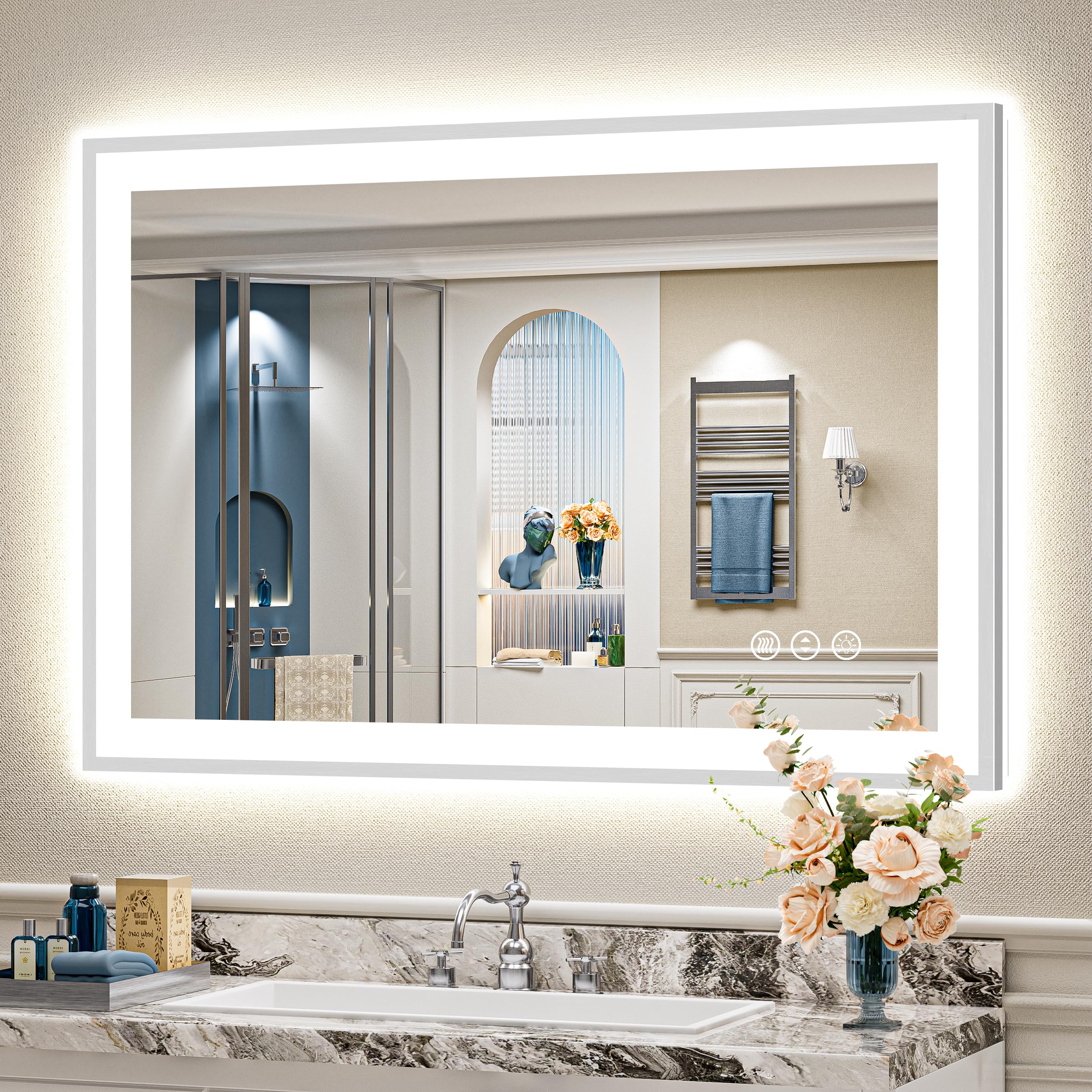 44x30 Brushed Nickel LED Bathroom Mirror with Lights, Backlit &amp; Front-Lit, Anti-Fog, Framed Lighted Vanity Mirrors for Bathroom Wall, Dimmable, 3 Colors, Memory, Shatter-Proof, Tempered Glass