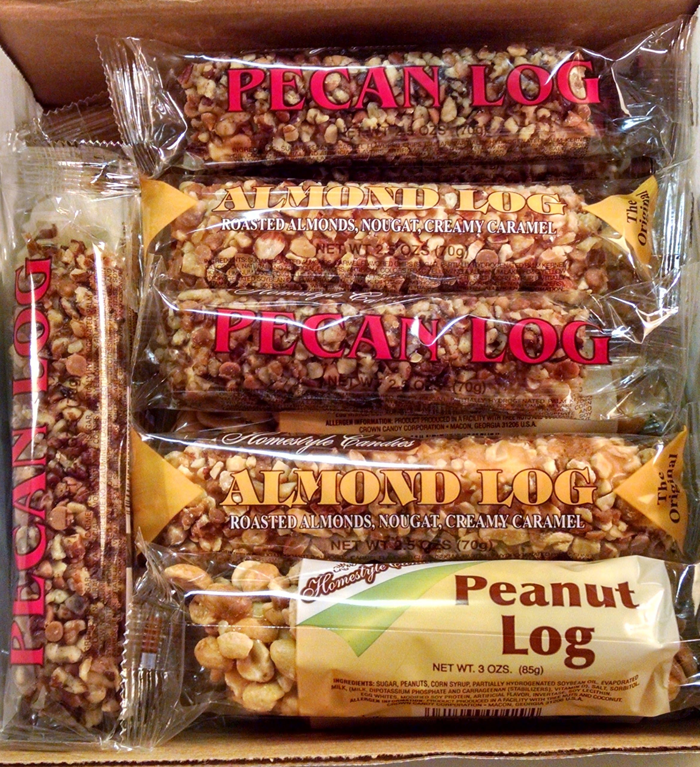 Pecan, Peanut & Almond Logs Bundle - Crown Candy (12 Individually Wrapped Logs Per Box)