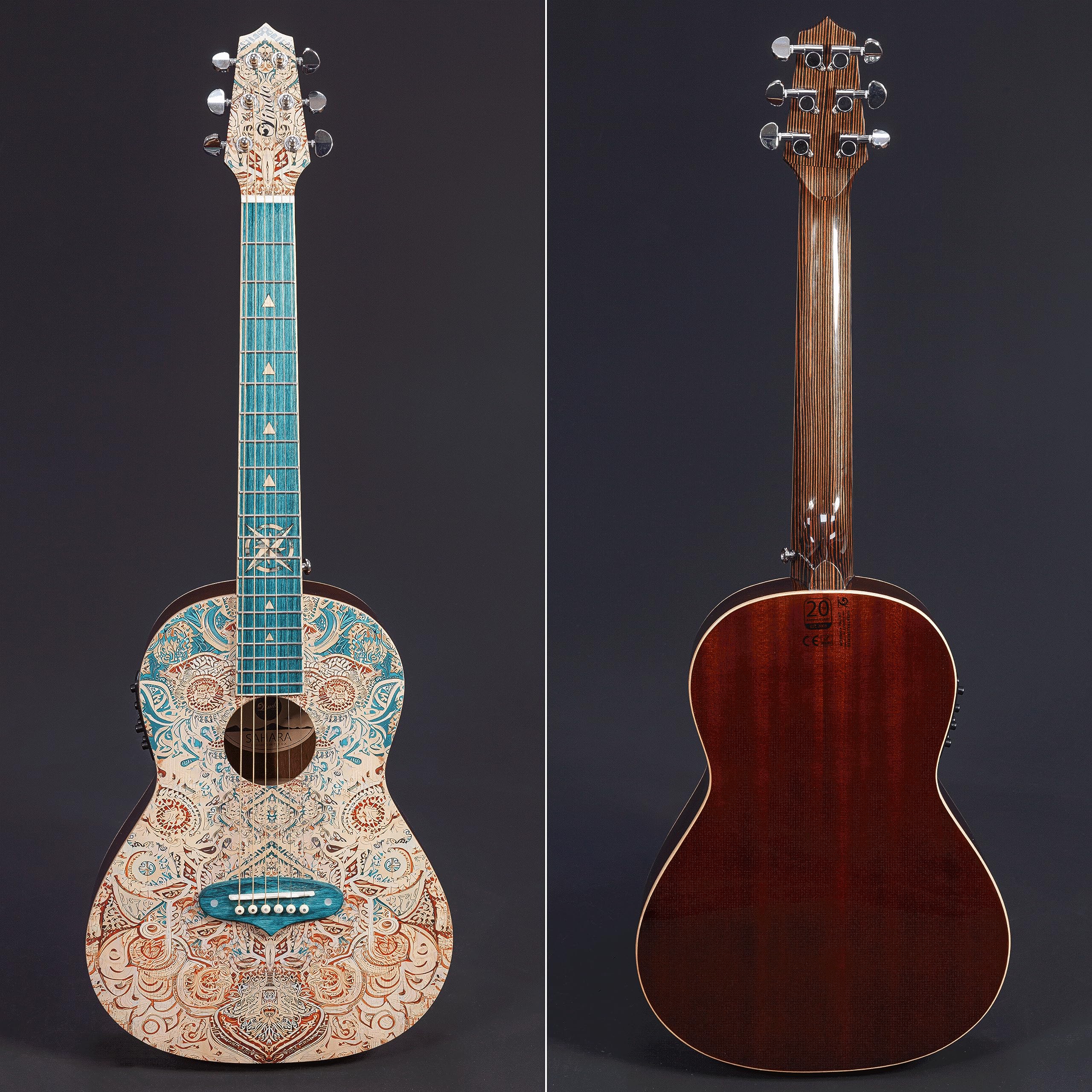 Lindo Sahara Steel String Parlor - Chitarra elettroacustica da viaggio (misura 3/4) | Nautical Star 12th Fret Inlay | Corpo e paletta con finitura grafica artistica | Progettato nel Regno Unito