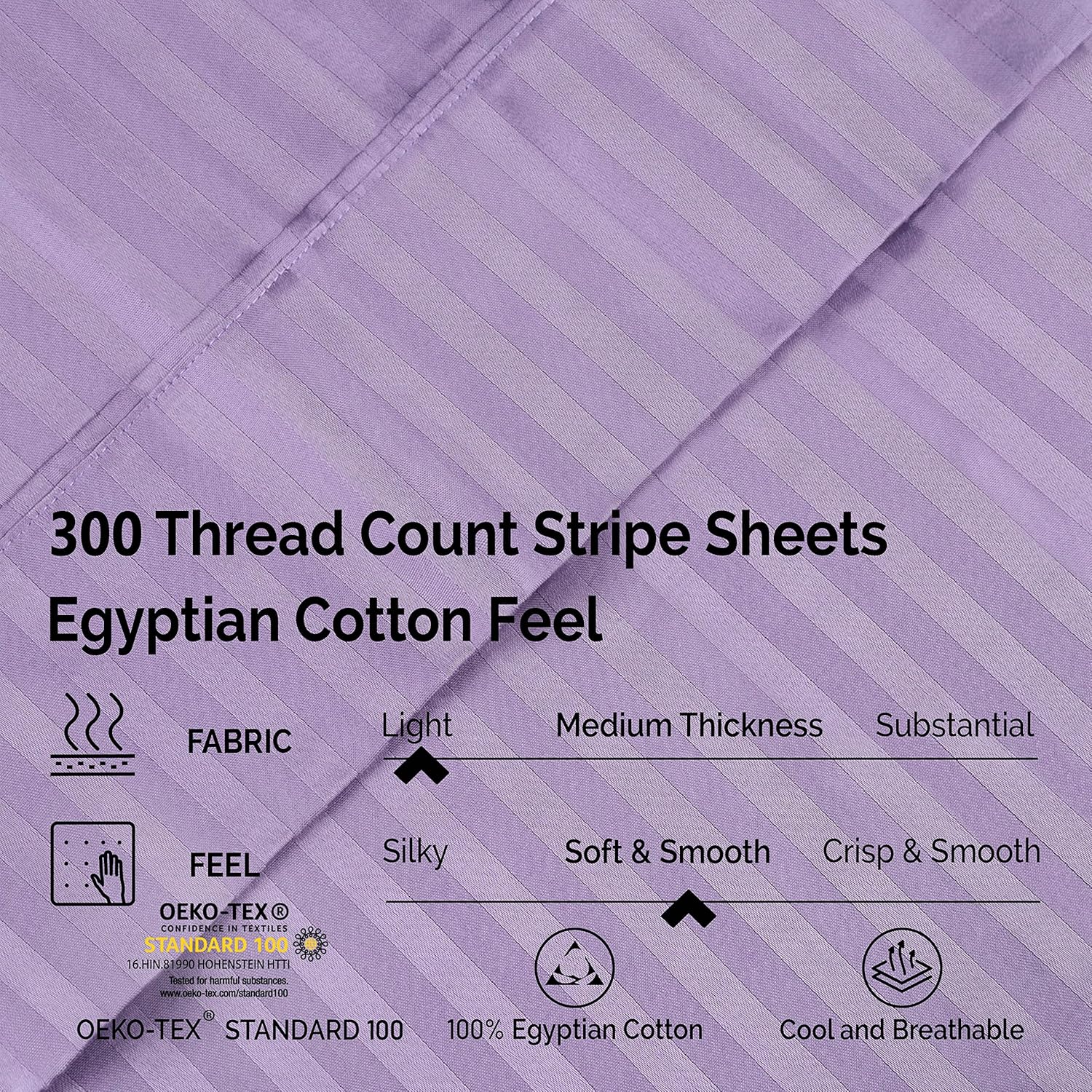 Superior Egyptian Cotton 300 Thread Count Bed Sheet Set, 1 Elastic Deep Pocket Fitted Sheet, 1 Flat Sheet, 2 Pillowcases, Daily Sheets, Luxury Home Essentials, Striped Design, Full, Lavender