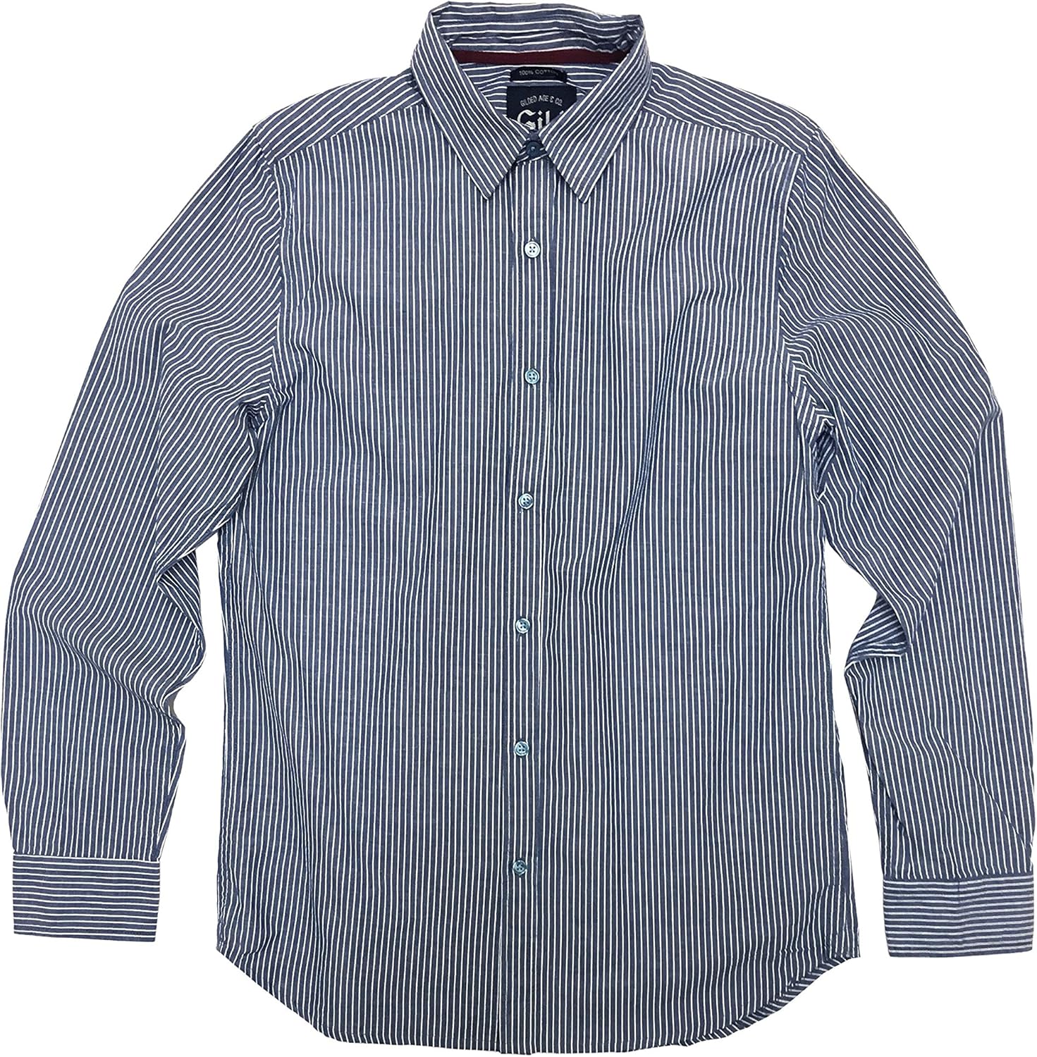 Gild Classic Fit Man Shirt 100% Cotton Casual Long Sleeve, Blue Chambray Stripe L
