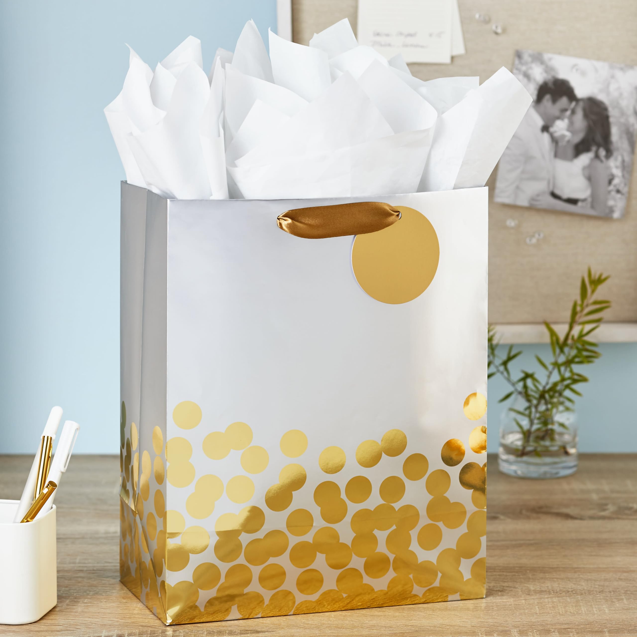 Hallmark 13" Large Gift Bag with Tissue Paper (Gold Foil Dots on Silver) for Valentine's Day, Graduations, Engagements, Bridal Showers, Weddings, Any Occasion