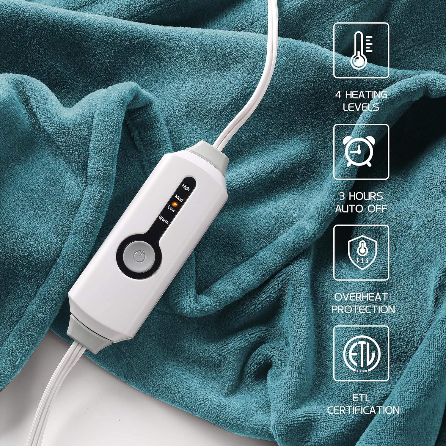 Heated Electric Blanket 62"x84" Twin Size, Soft Coral Fleece Electric Blanket with 4 Heating Levels & 10 Hours Auto-Off,Fast Heating, Warm Cozy, Machine Washable for Home & Office - Teal - Image 3