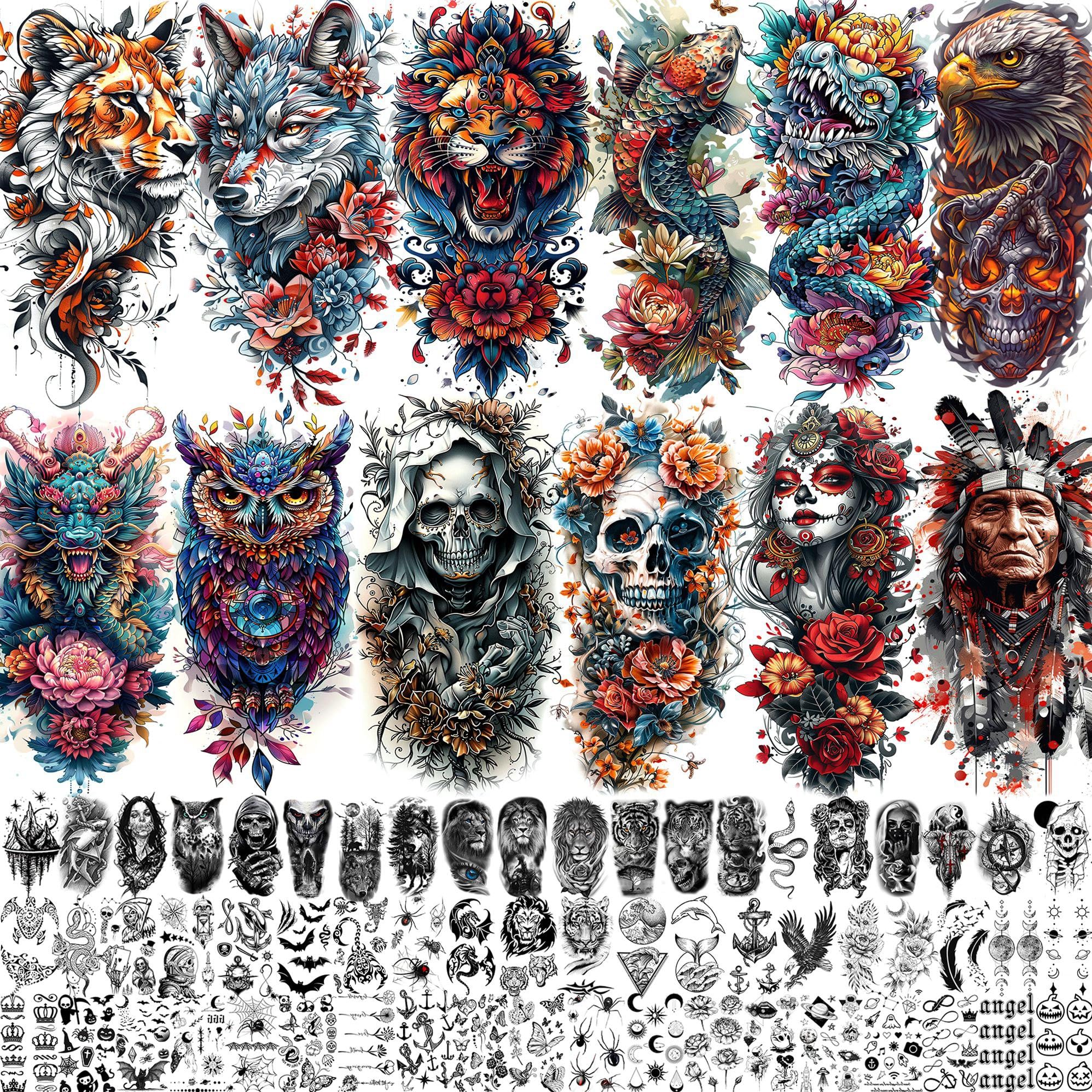 71 Blätter Temporäre Tattoos Frauen Herren Klebetattoos Erwachsene, Old School Halloween Fake Tattoo Aufkleber Tiger Wolf Löwe Drache Blumen Männer, Chicano Karpfen Skelett Tattoos Zum Aufkleben Damen
