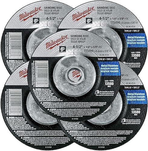 Miniatura 2 de Milwaukee Paquete de 5 muelas abrasivas de 4 1 2 para amoladoras - Rectificado agresivo para metal y acero inoxidable - 4-1/2 pulgadas x 1/4 x 5/8