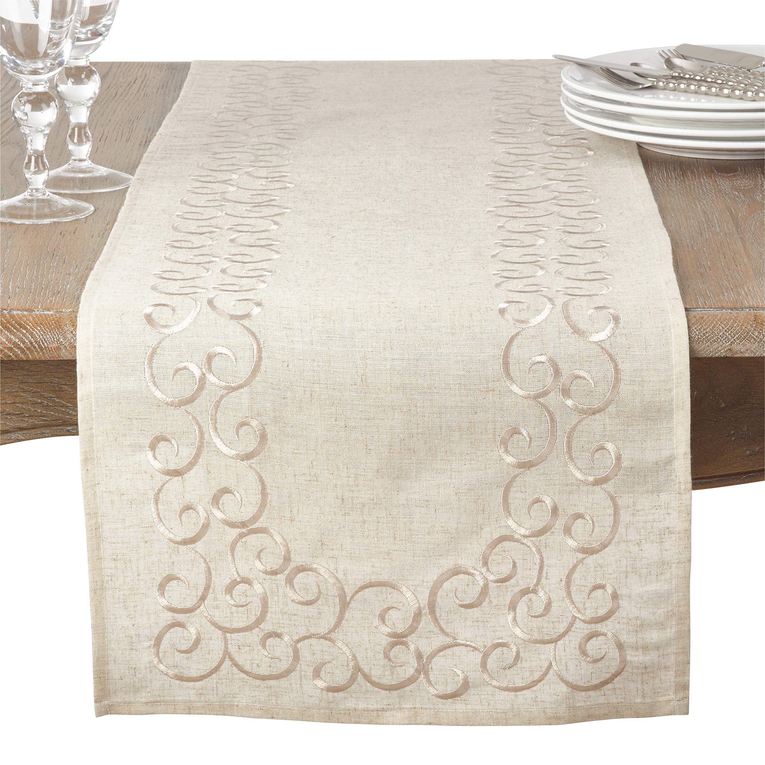 SARO LIFESTYLESwirling Collection Embroidered Design Linen Blend Table Runner, 16" x 108", Natural