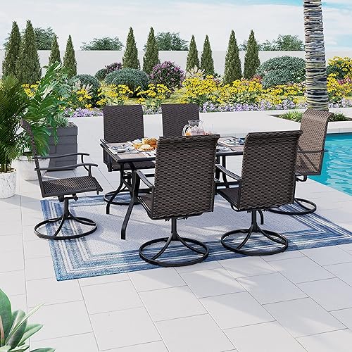 Miniatura 7 de HERAS HOUSE Juego de comedor de patio de 7 piezas juego de muebles de exterior para 6 6 sillas de comedor de ratán con respaldo alto 1 mesa